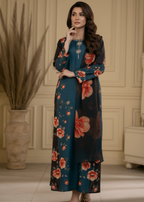 Brandlo.Pk Teal & Black Floral Printed Silk/Satin Three Piece Ensemble Women 2pcs