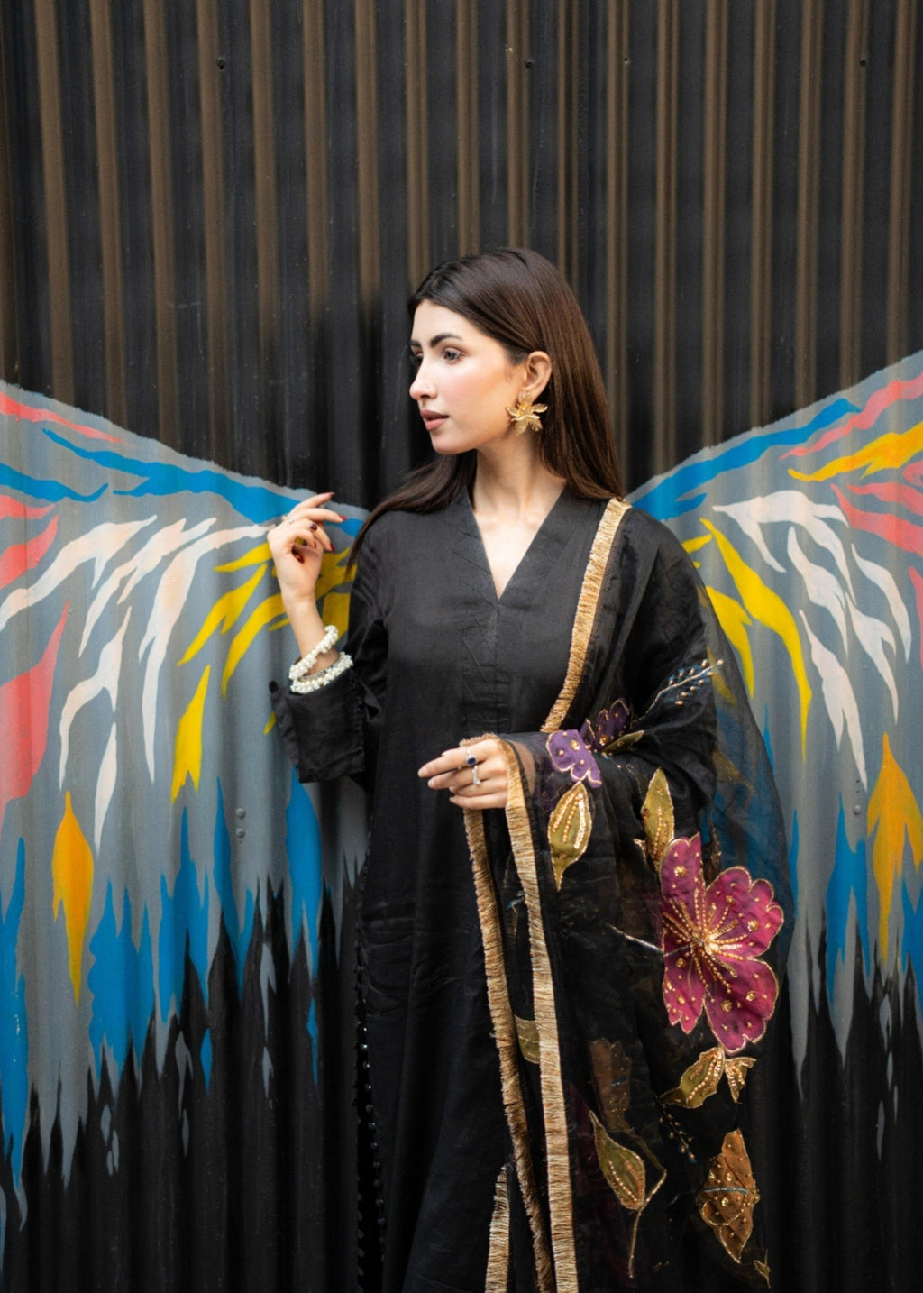 Rivaaj Fashion Stitched Handpaint Black Women 3pcs