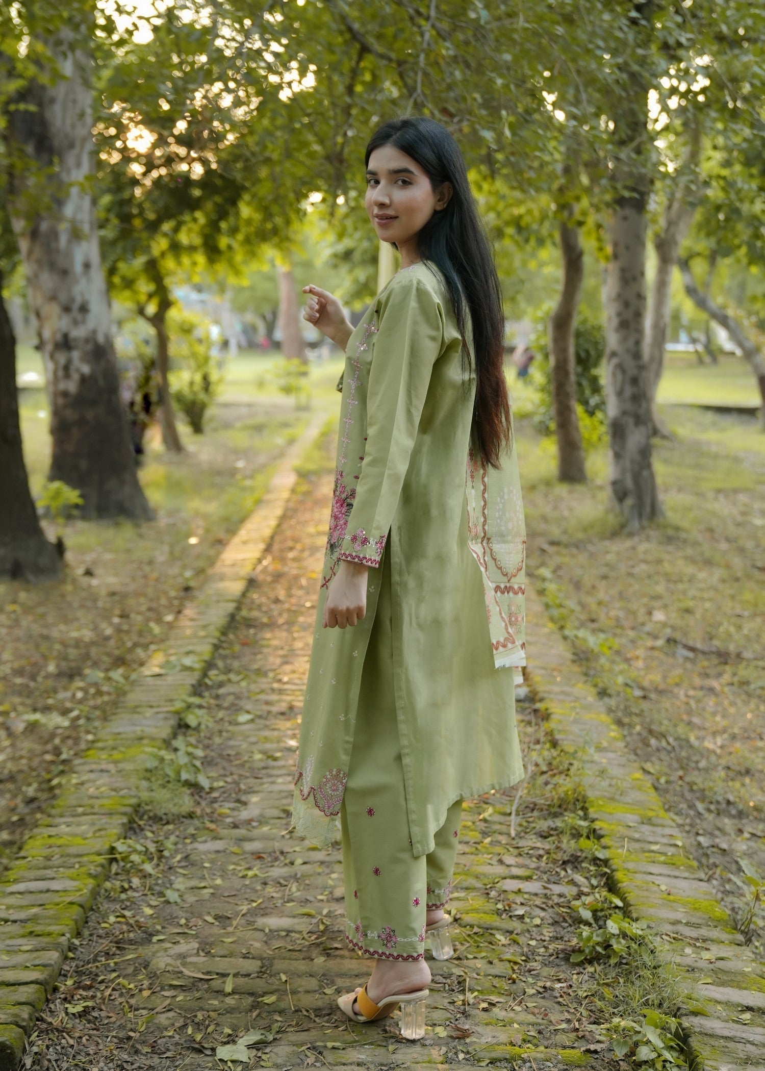 Attirepret Pista Green Floral Embroidered Cotton Women 3pcs