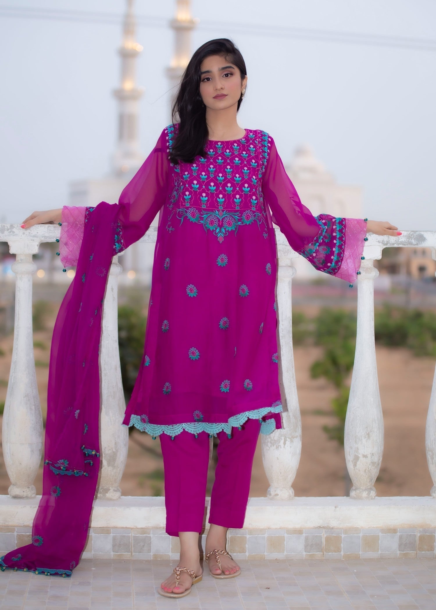 Hayati Collections Chiffon | Embroidered Suit with Dupatta | Magenta Women 3pcs