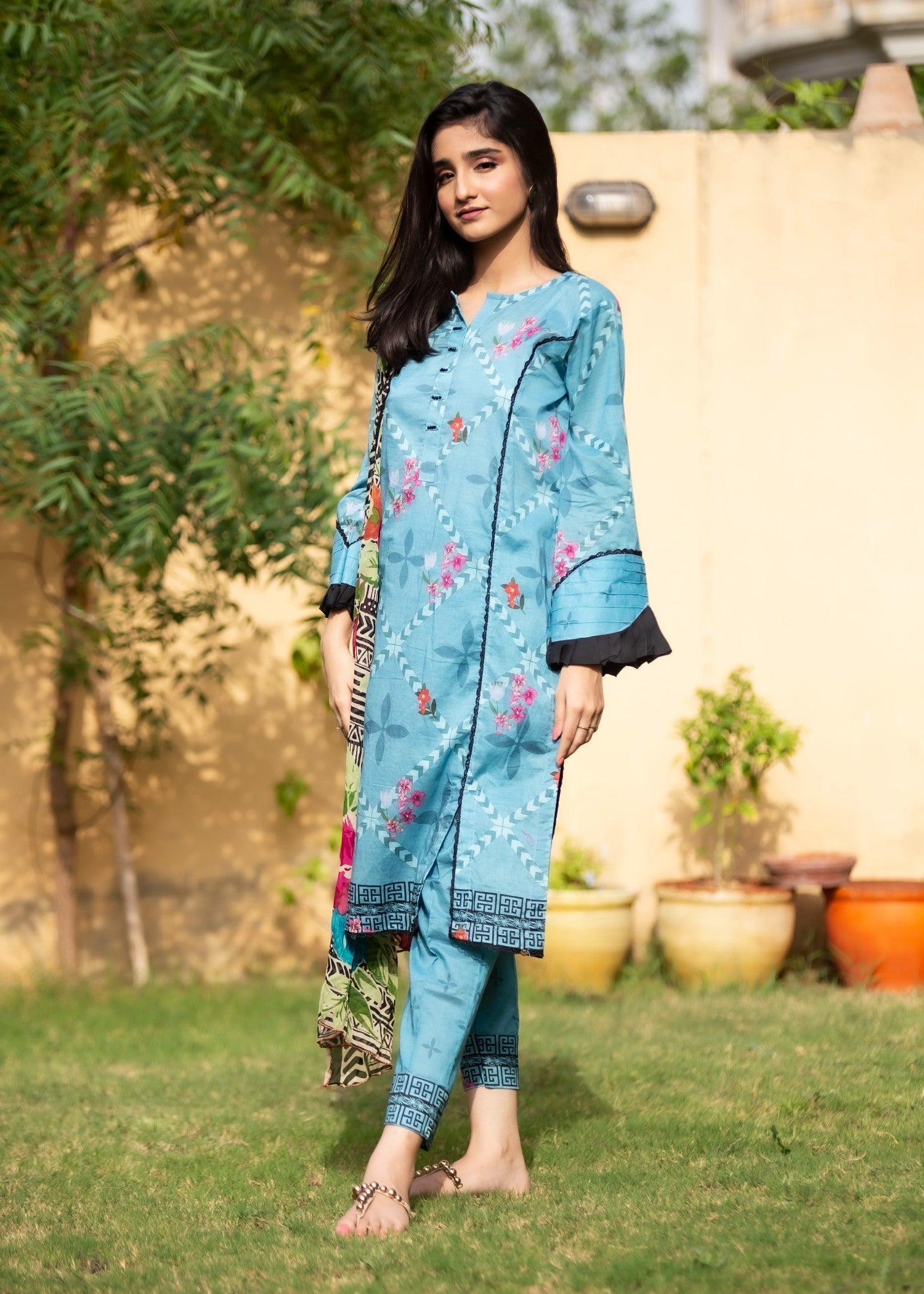 Hayati Collections Lawn | with Chiffon Dupatta | Blue Women 3pcs