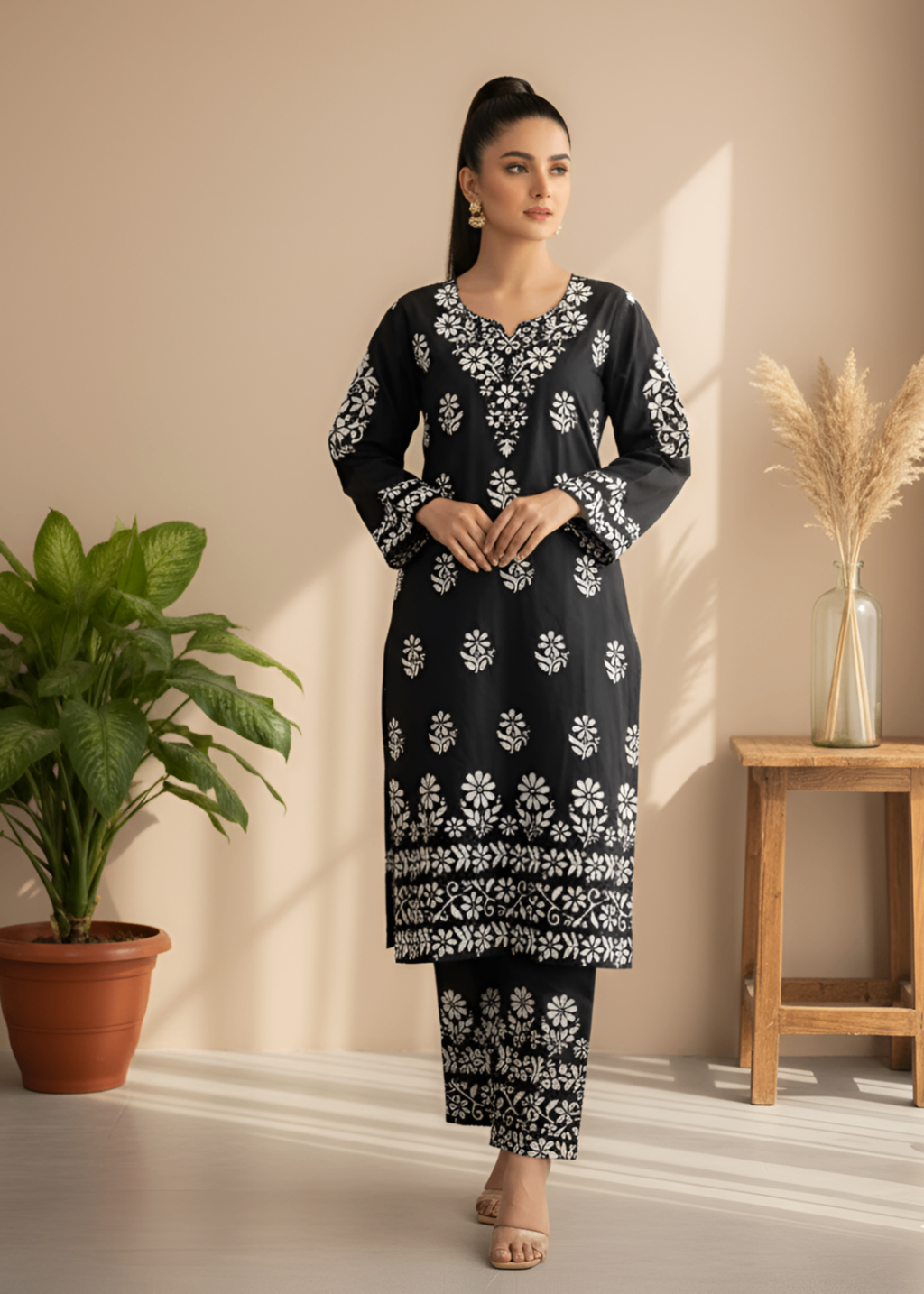 Anabya Garments Black Embosed Women 2pcs