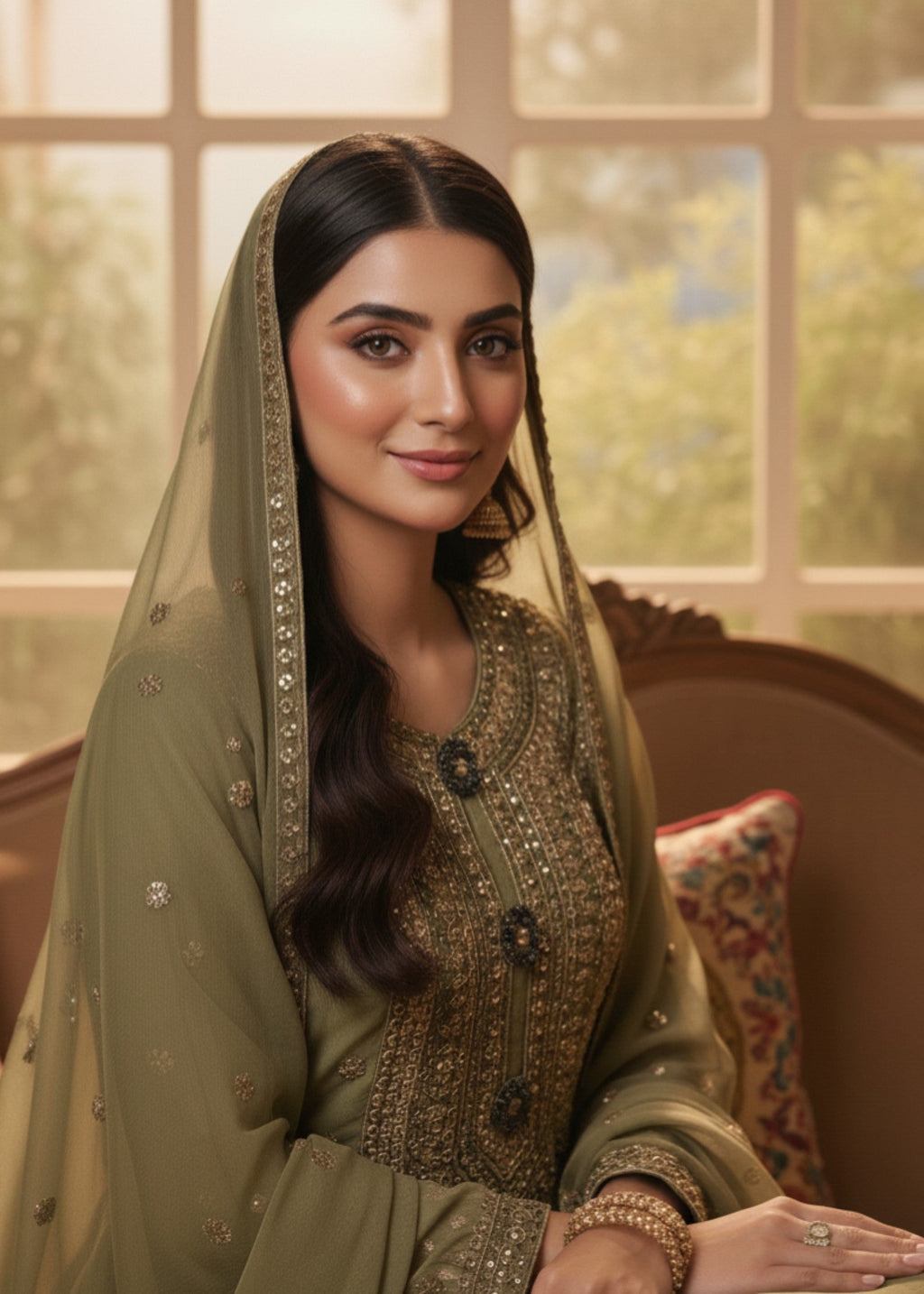 MMG Garments BALOCHI GRACE|CHIFFON EMBROIDERED PISHWAS MOSS GREEN MMG 1097 Women 3pcs