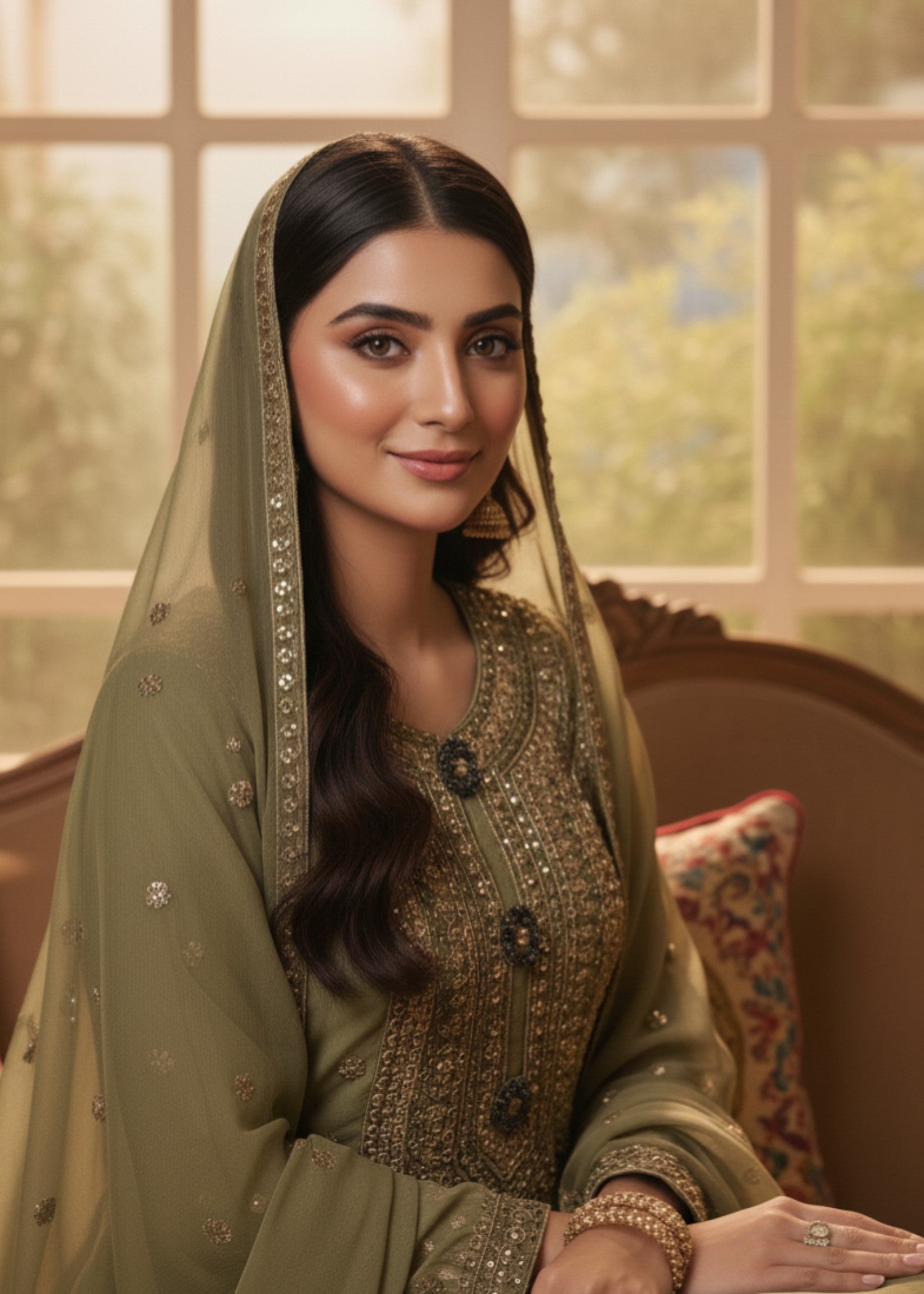 MMG Garments BALOCHI GRACE|CHIFFON EMBROIDERED PISHWAS MOSS GREEN MMG 1097 Women 3pcs