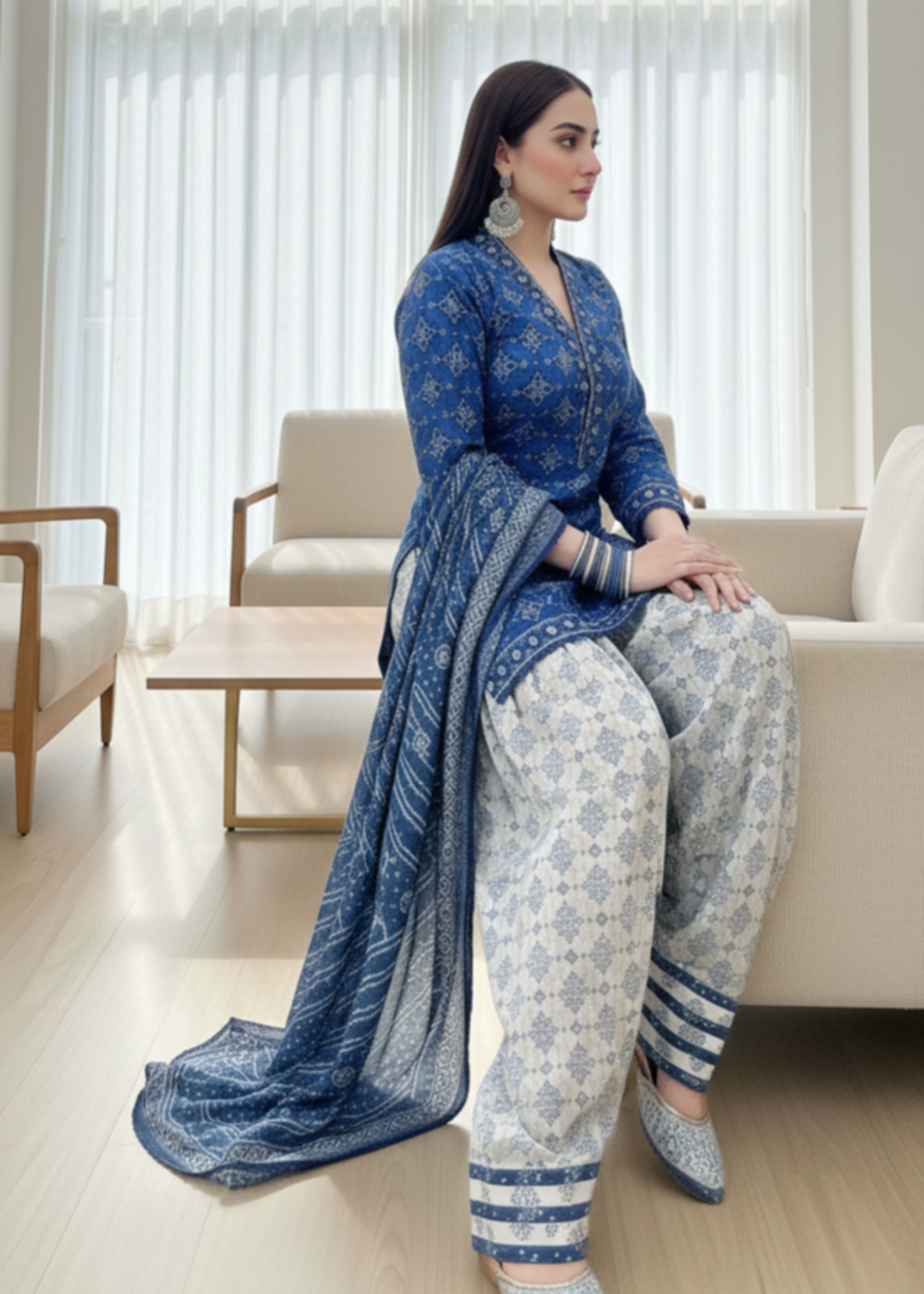 Gulposh Chunri Blue (Digital ) With Farshi Shalwar Women 3pcs