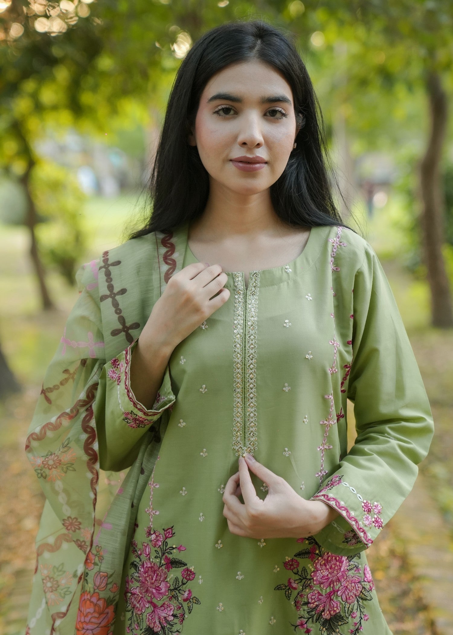 Attirepret Pista Green Floral Embroidered Cotton Women 3pcs