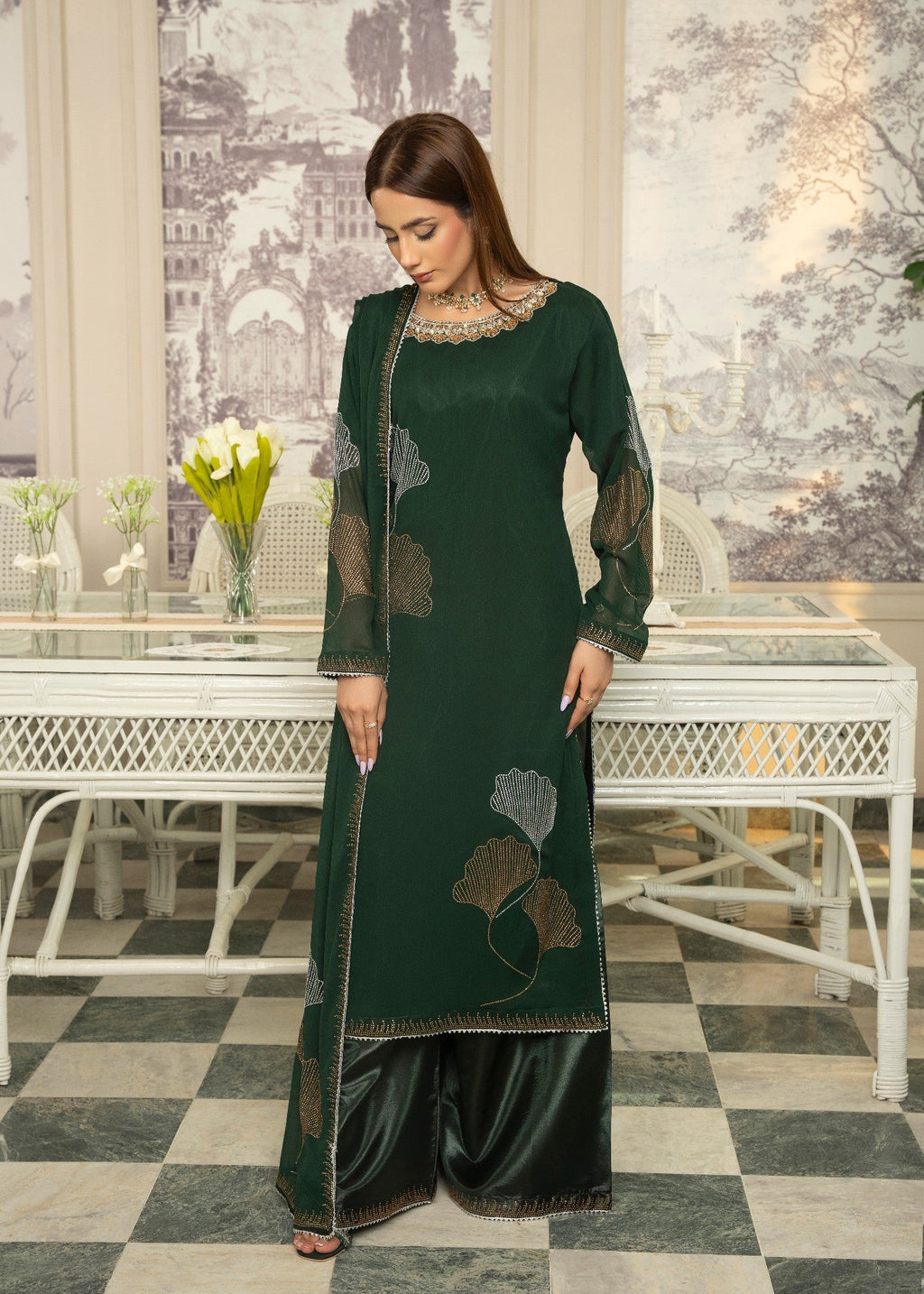 Maira Fashion Green Studded RhineStone Kurta Set Women 4pcs