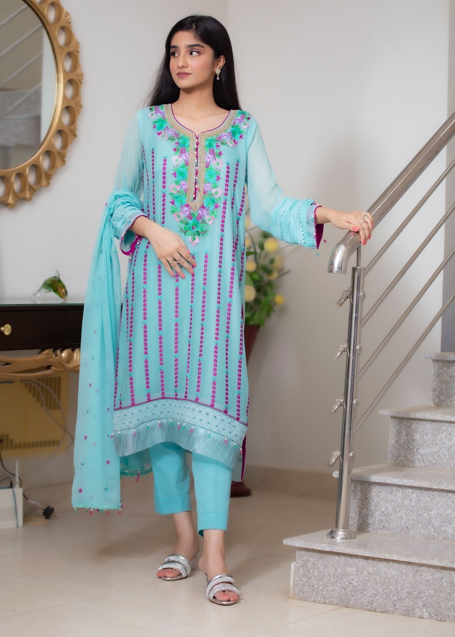 Hayati Collections Chiffon | Embroidered Suit with Dupatta | Aqua Women 3pcs