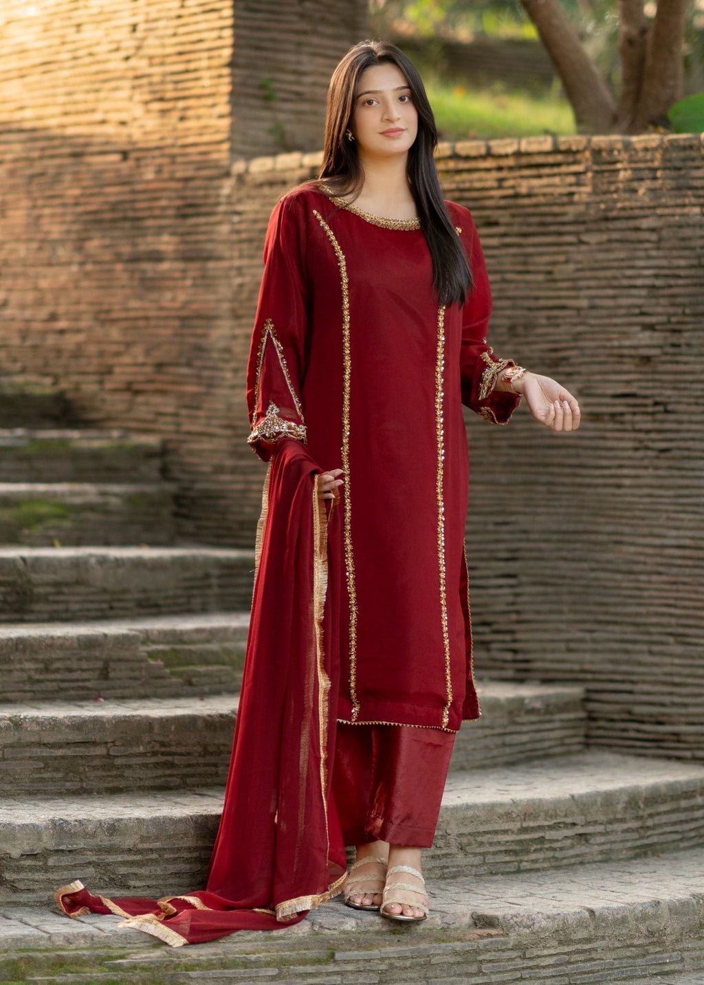 Suits By Sadia Maroon chiffon decent Women 3pcs
