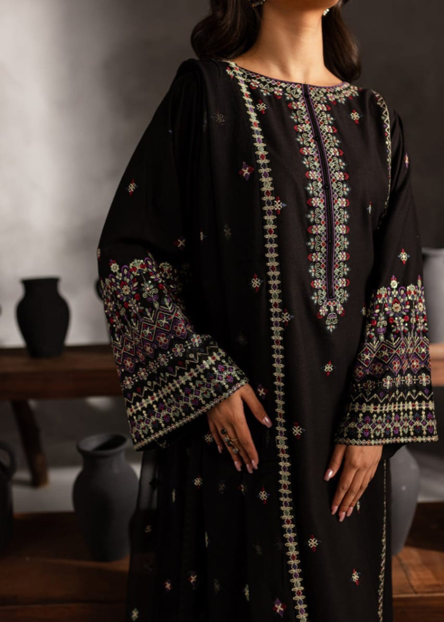 Shehroz Fashion Black Orchid lawn embroidery suit Women 3pcs