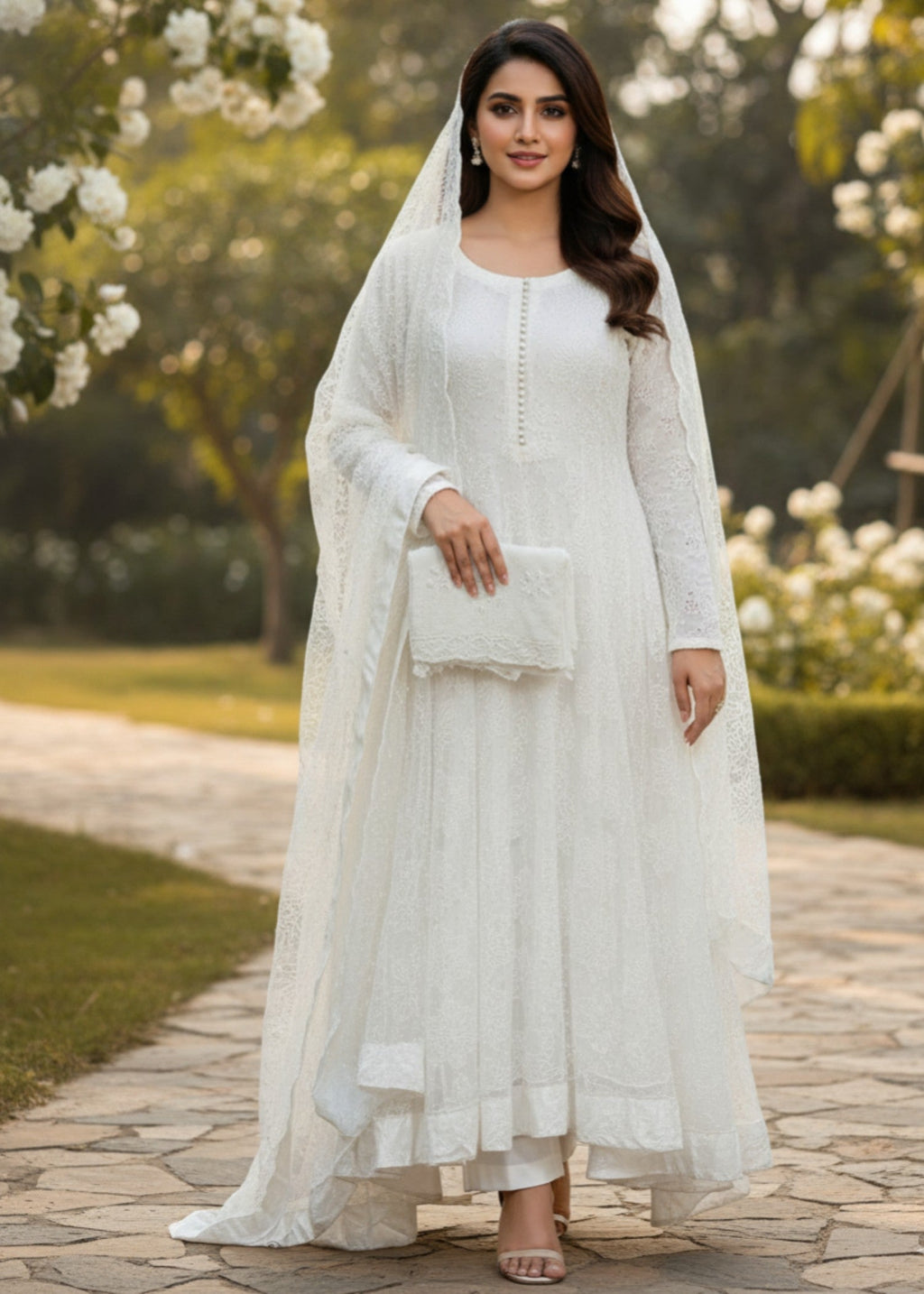 MMG Garments WHITE NOOR|ORGANZA NET EMBROIDERED MAXI Women 3pcs