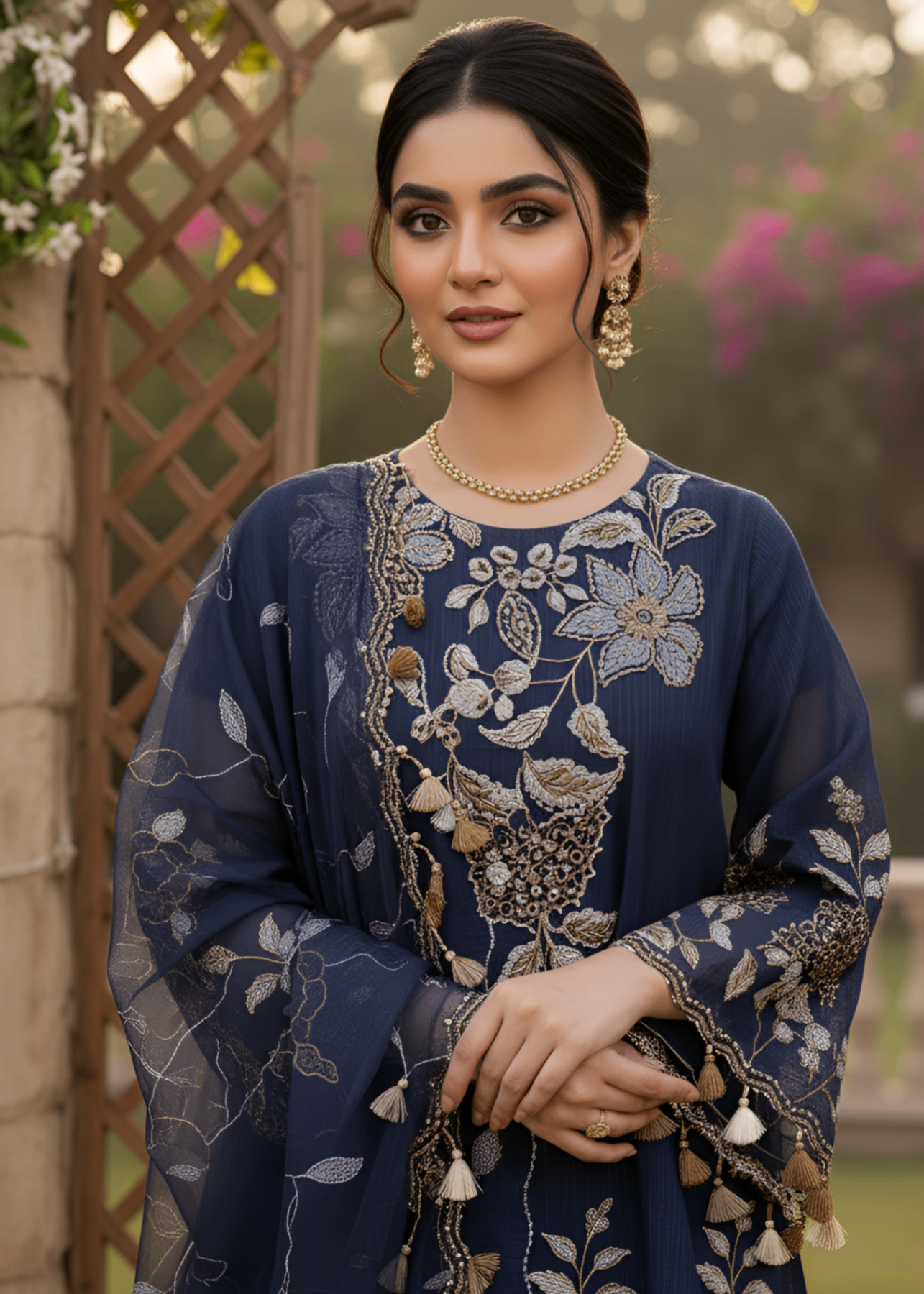 MMG Garments NURA| LINING ORGANZA EMB FROCK DARK BLUE MMG 745 Women 3pcs