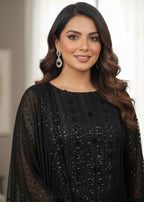 MMG Garments ZAR E HUSN| CHIFFON EMB LAYERED FROCK BLACK MMG 906 Women 3pcs