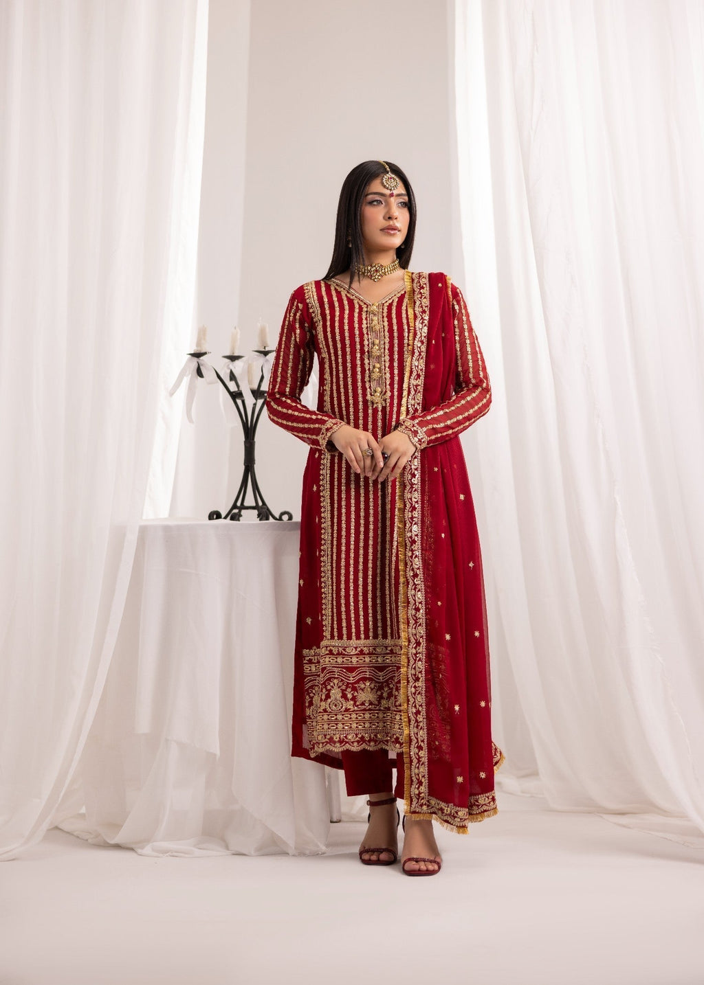 Alyssa MAROON CHIFFON SUIT ALL908 Women 3pcs