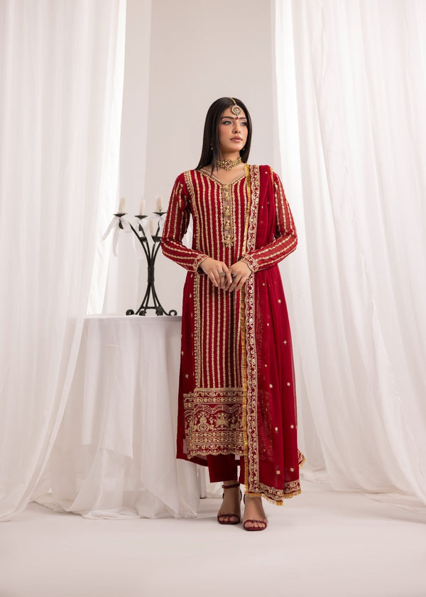 Alyssa MAROON CHIFFON SUIT ALL908 Women 3pcs