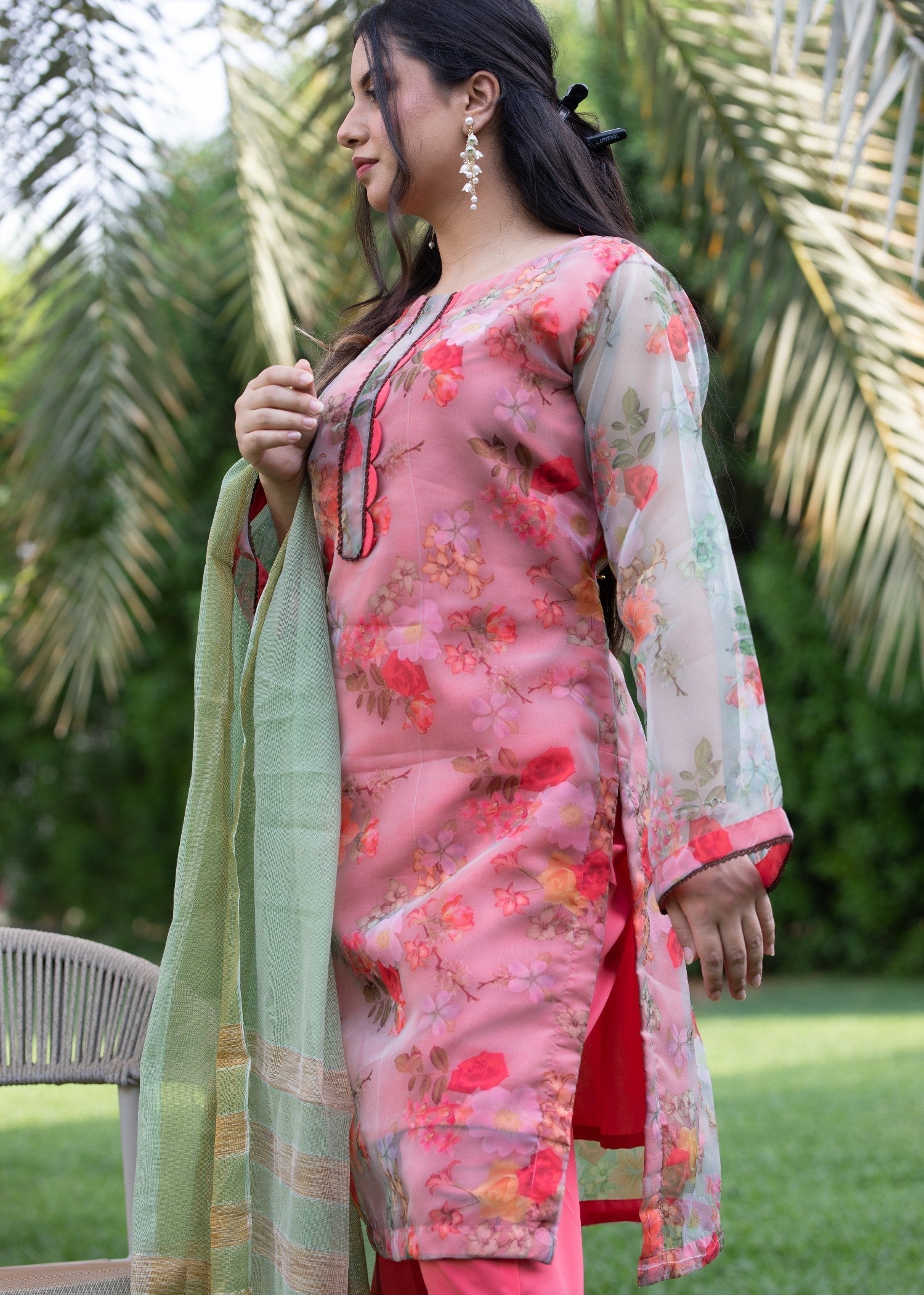 Hayati Collections Organza Printed Suit |Tea Pink Women 2pcs
