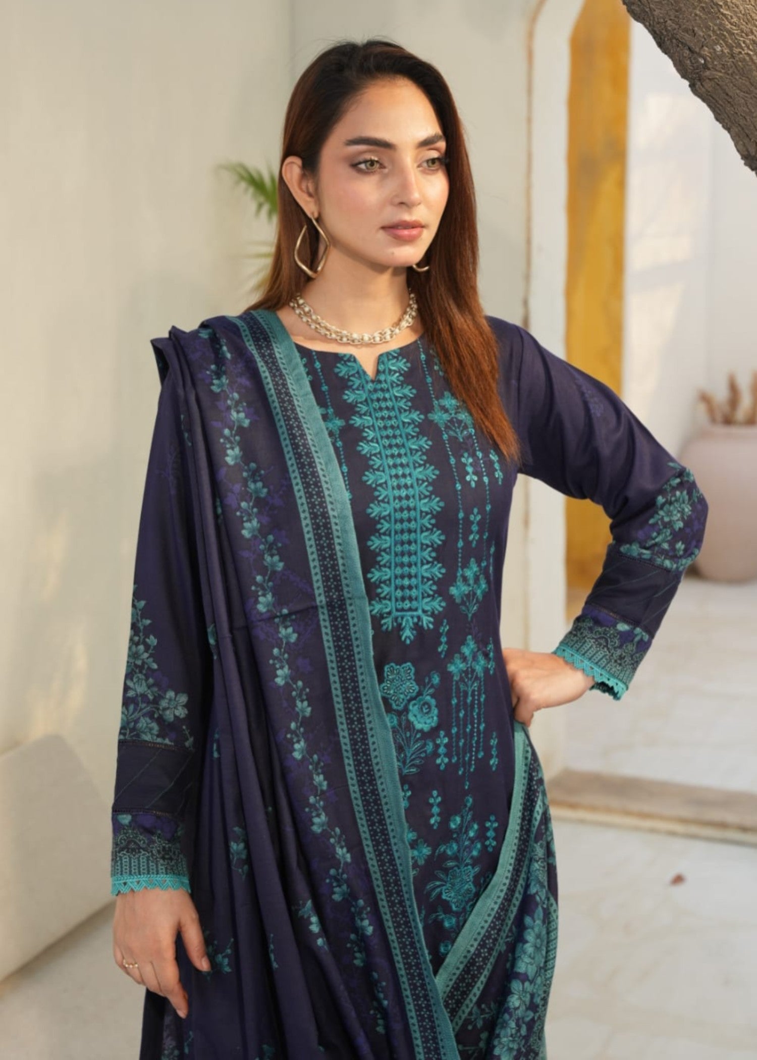 Designer Rack Dhanak digital embraided deep navy blue Women 3pcs
