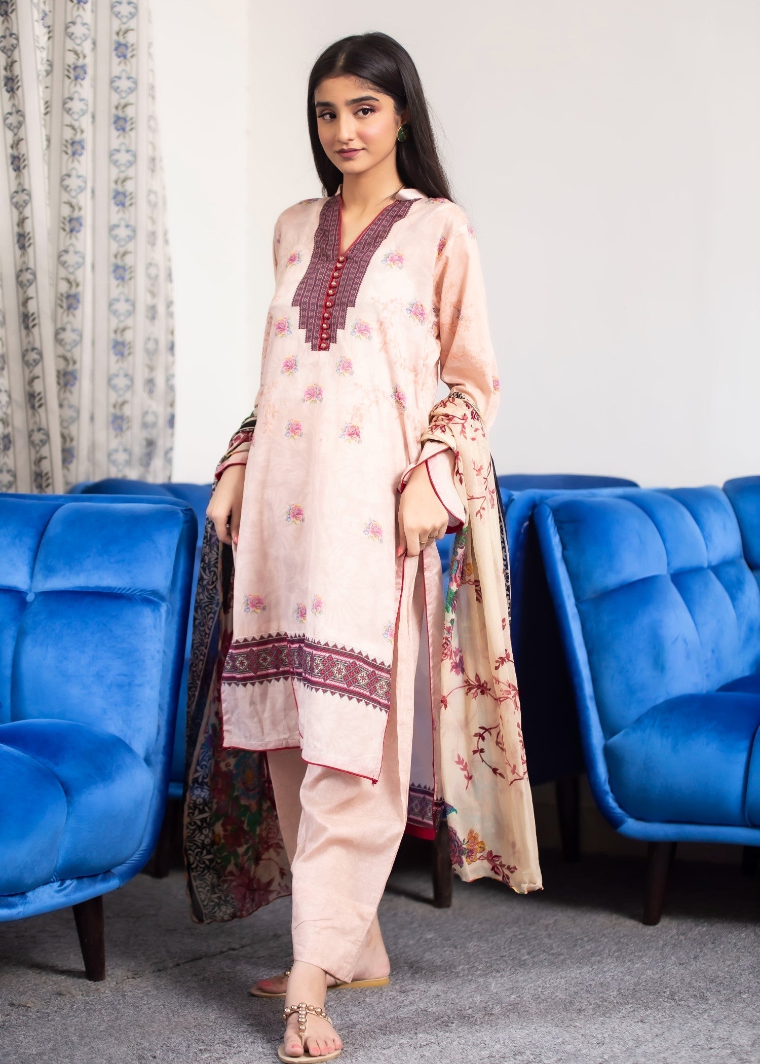 Hayati Collections Lawn | with Chiffon Dupatta | Peach Women 3pcs