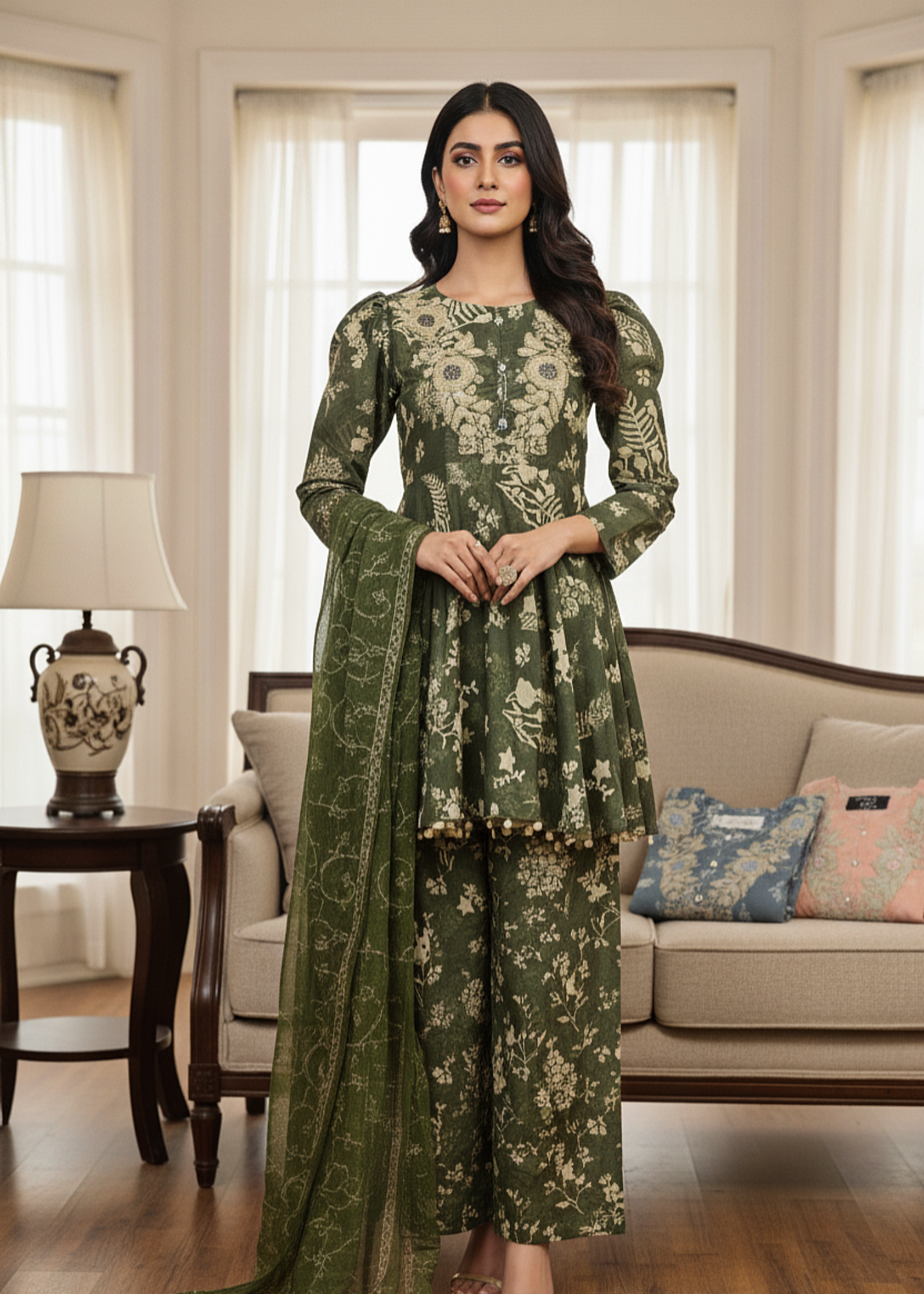 MMG Garments NARGIS|DIGITAL PRINTED PEPLUM OLIVE GREEN MMG 1072 Women 3pcs