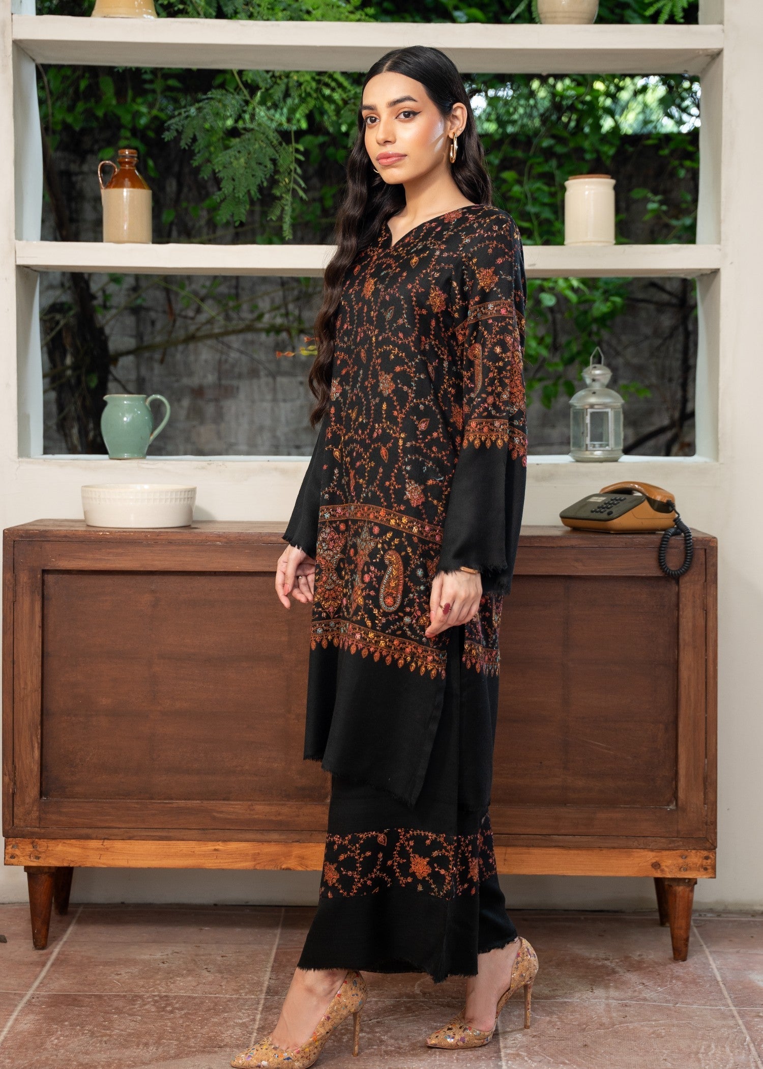 Naaz Couture Pashmina Wool Embroidered Coord Set Black Women 2pcs