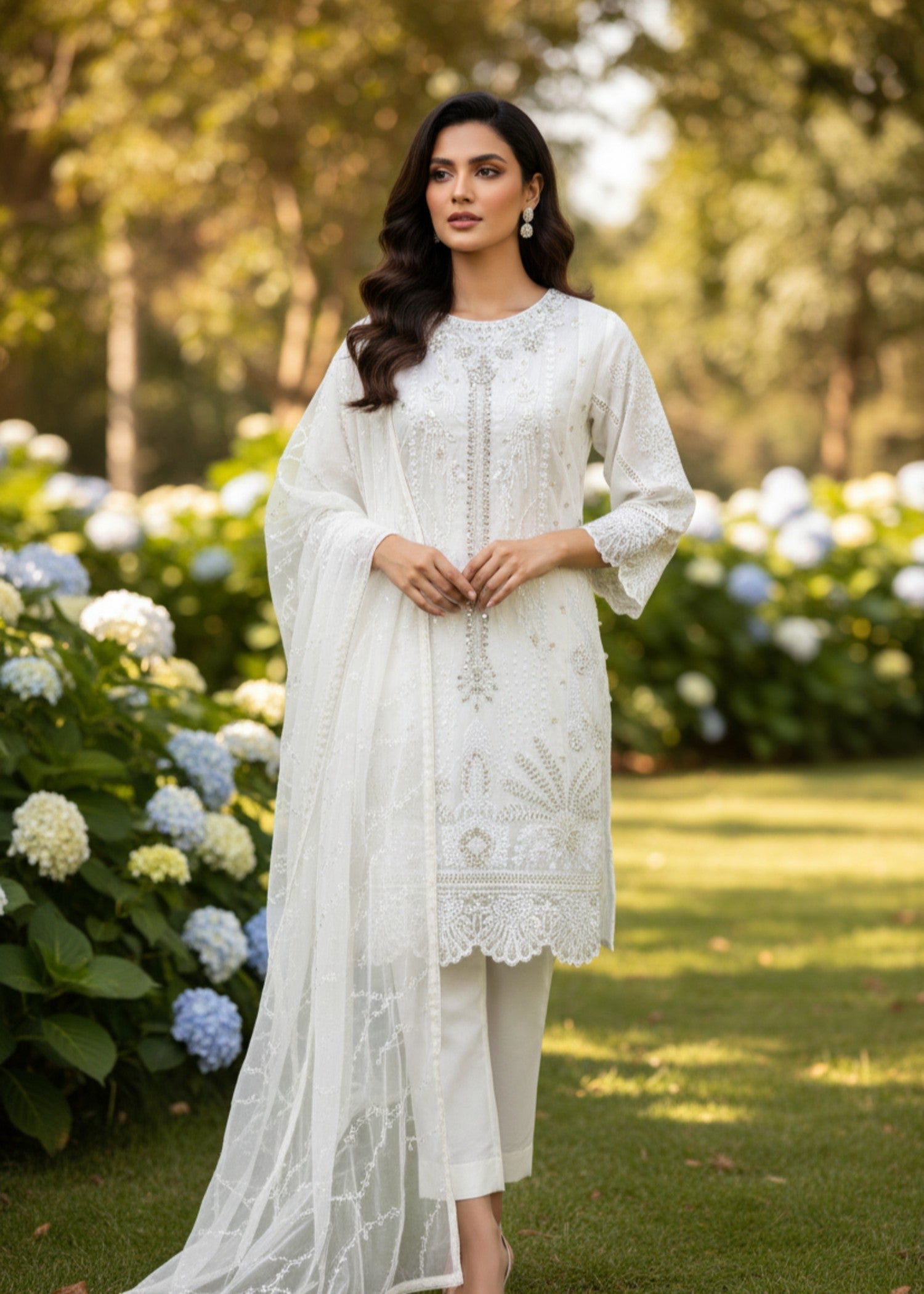 MMG Garments ZEENAT| ORGANZA NET EMBROIDERED KURTA SET WHITE MMG 1079 Women 3pcs