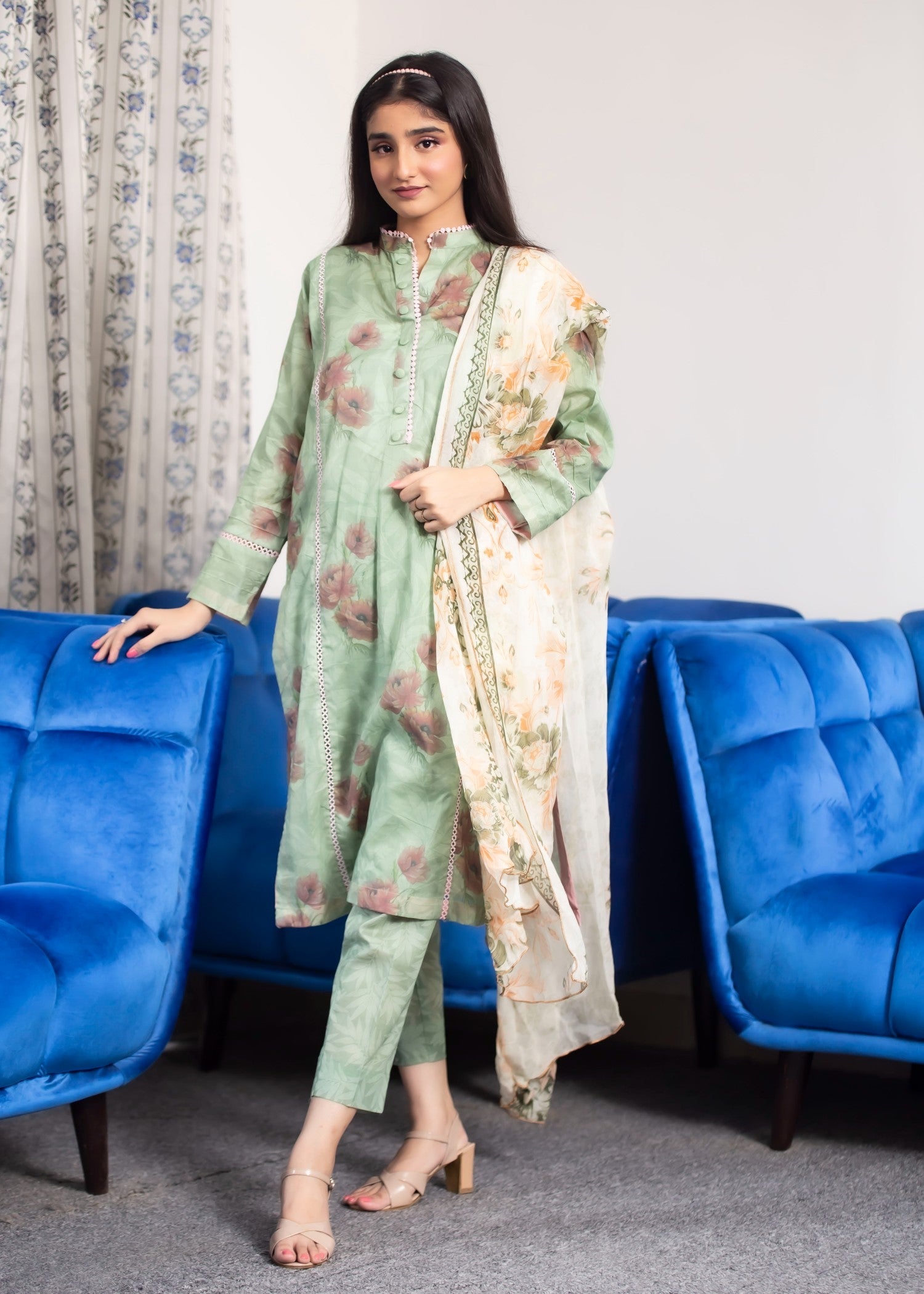 Hayati Collections Lawn | with Chiffon Dupatta | Tea Green Women 3pcs