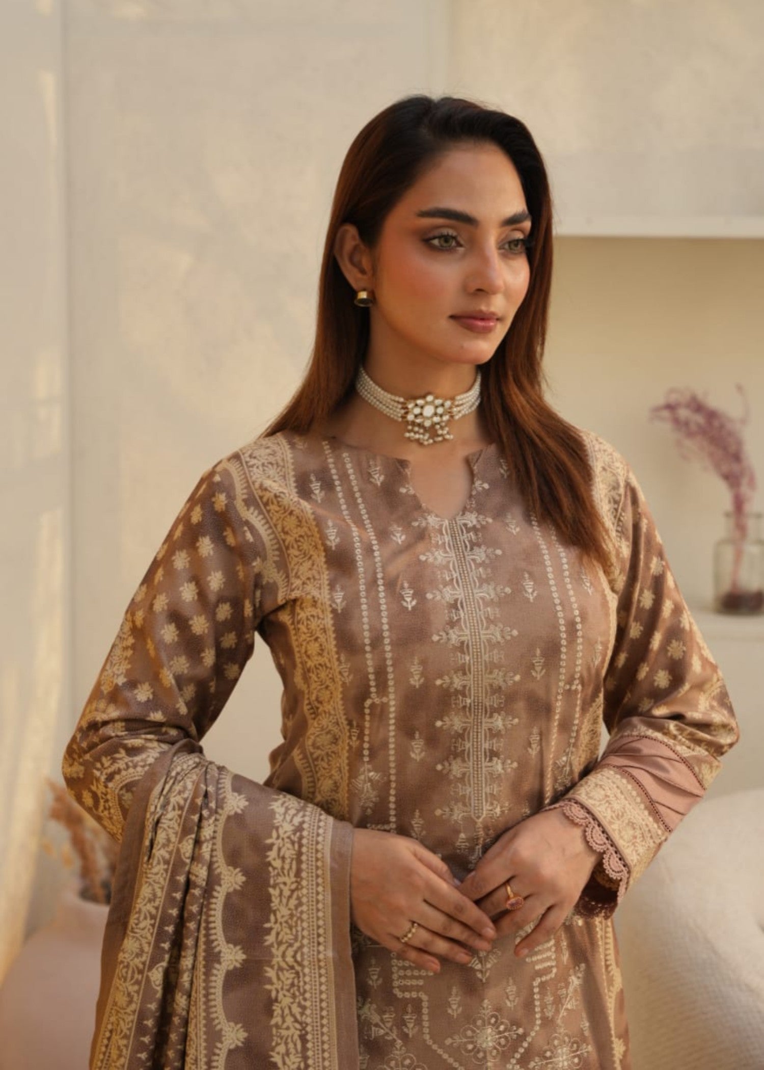 Designer Rack dhanak printed embraided tan brown Women 3pcs