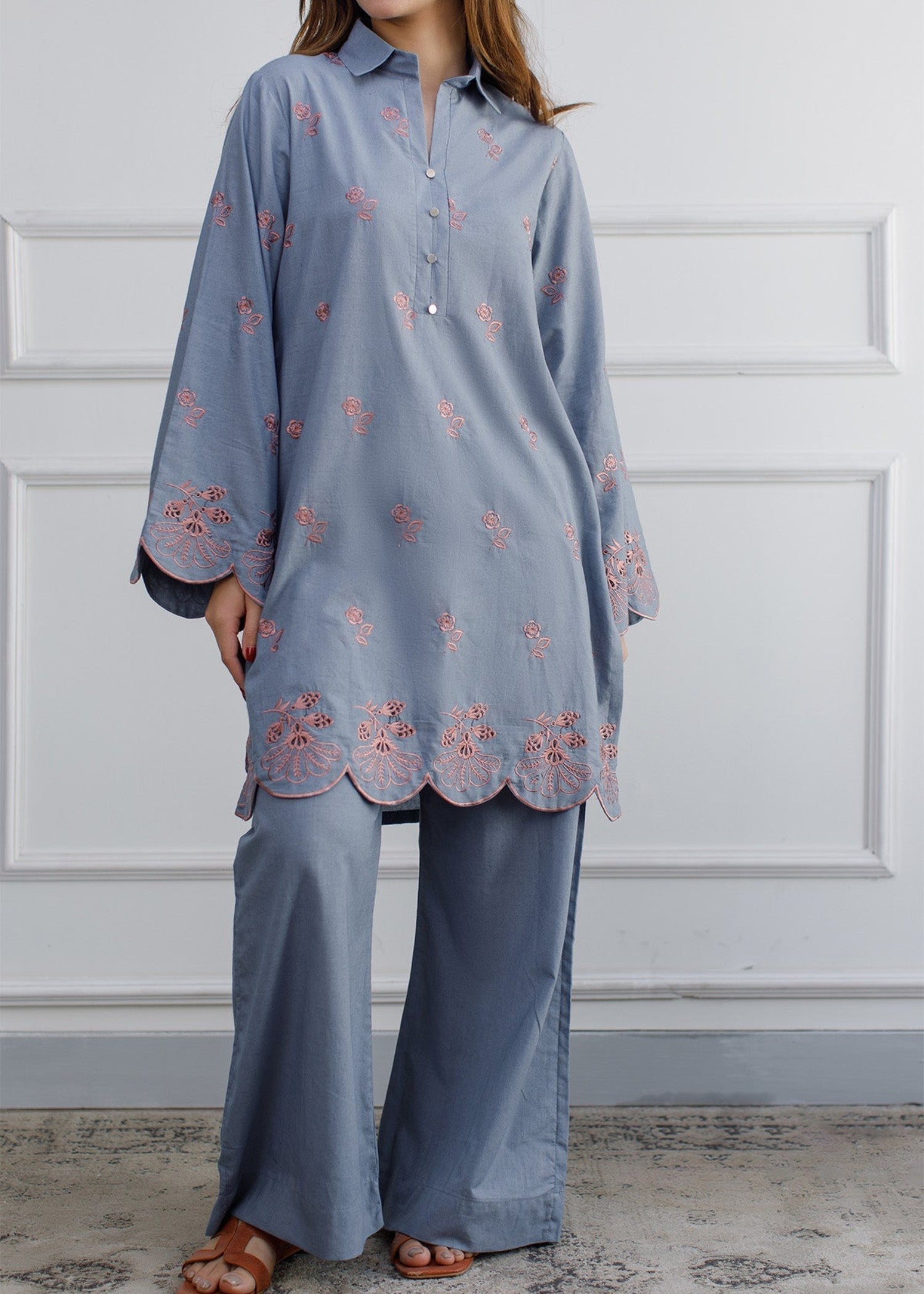 Peach Republic Sky Blue Embroidered Co Ord Set Women 2pcs