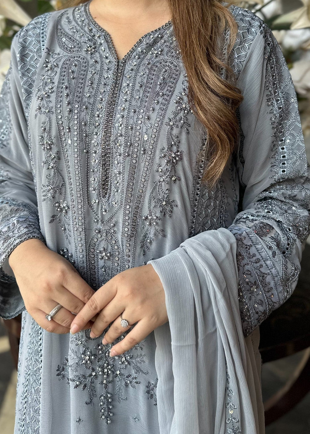 Pehnawa By Bin Akram’s Grey Mist Pret | Chiffon Kurta set Women 3pcs