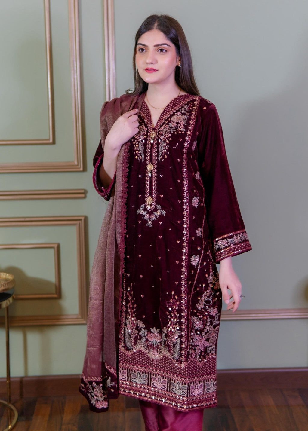 Rangoon Clothing Roshana Maroon Velvetine Women 3pcs