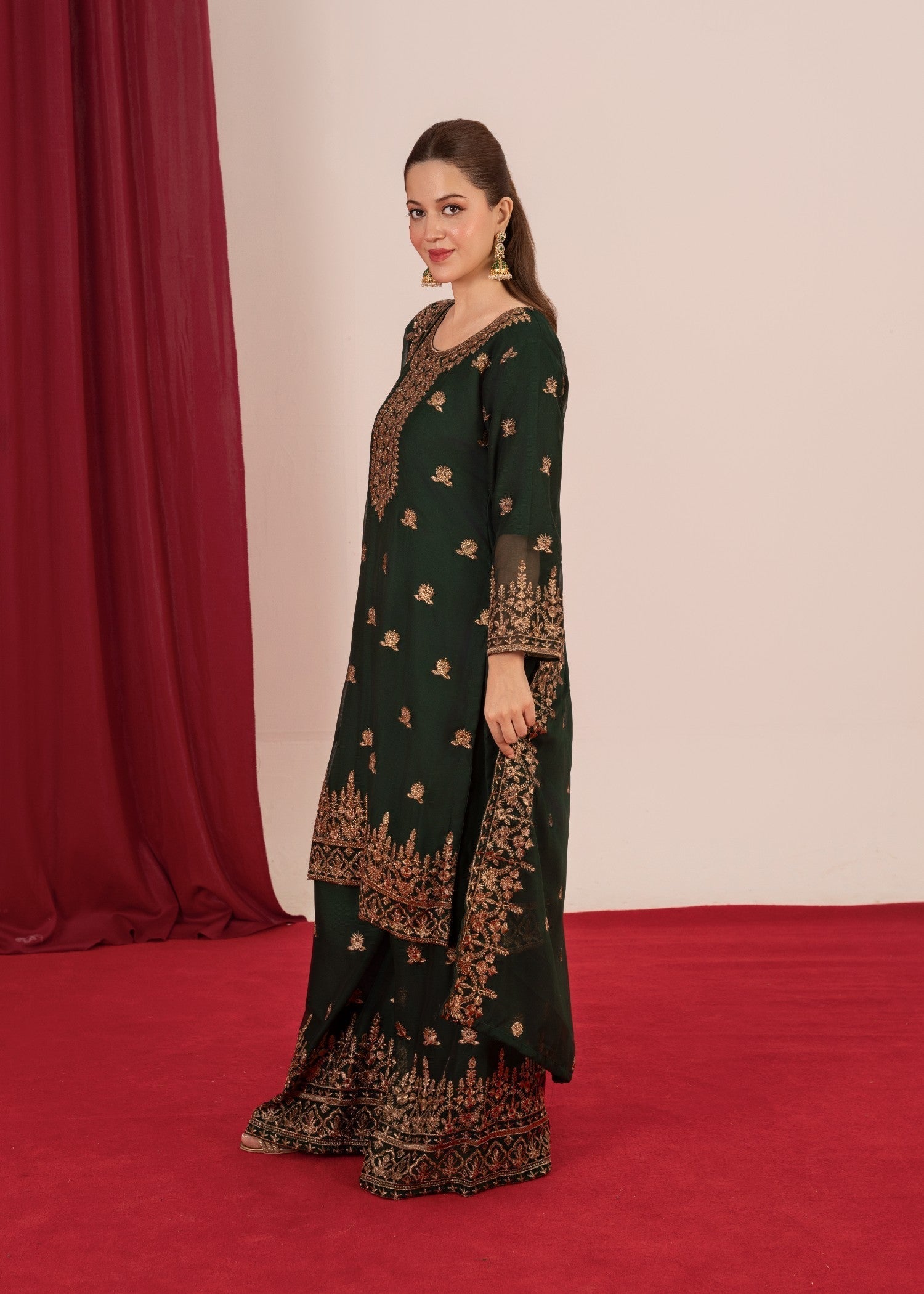 Four Season Boutique YUMNA PLAZZO BOTTLE GREEN Women 3pcs