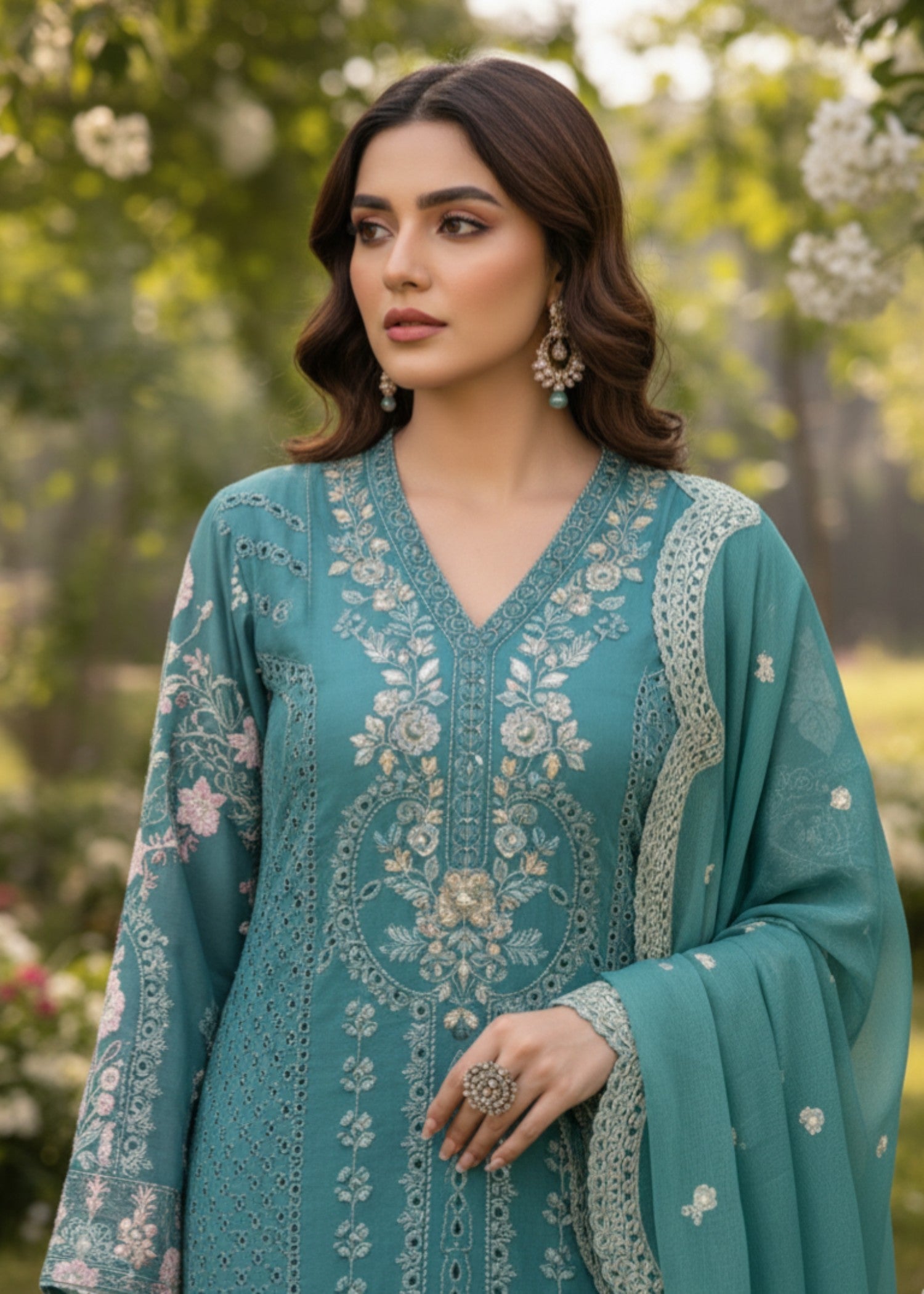 Pehnawa By Bin Akram’s Teal Glory | Chiffon Kurta Set Women 3pcs