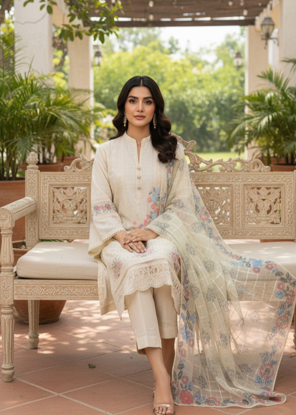 MMG Garments ANAYA| CHIKANKARI EMBROIDERED KURTA SET CREAM MMG 970 Women 3pcs