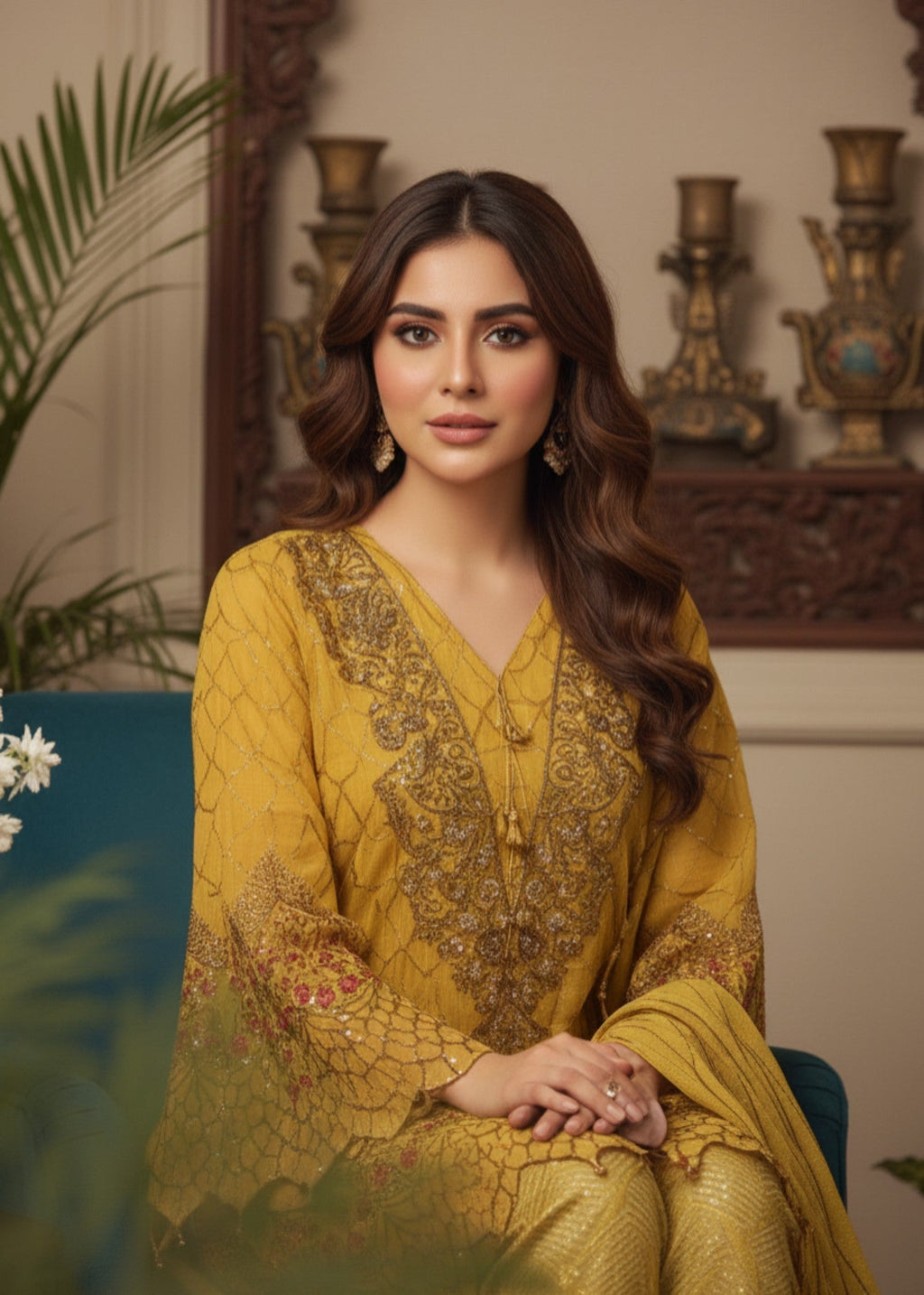 MMG Garments LAMISSA | CHIFFON EMBRODIERED FROCK YELLOW MMG 770 Women 3pcs