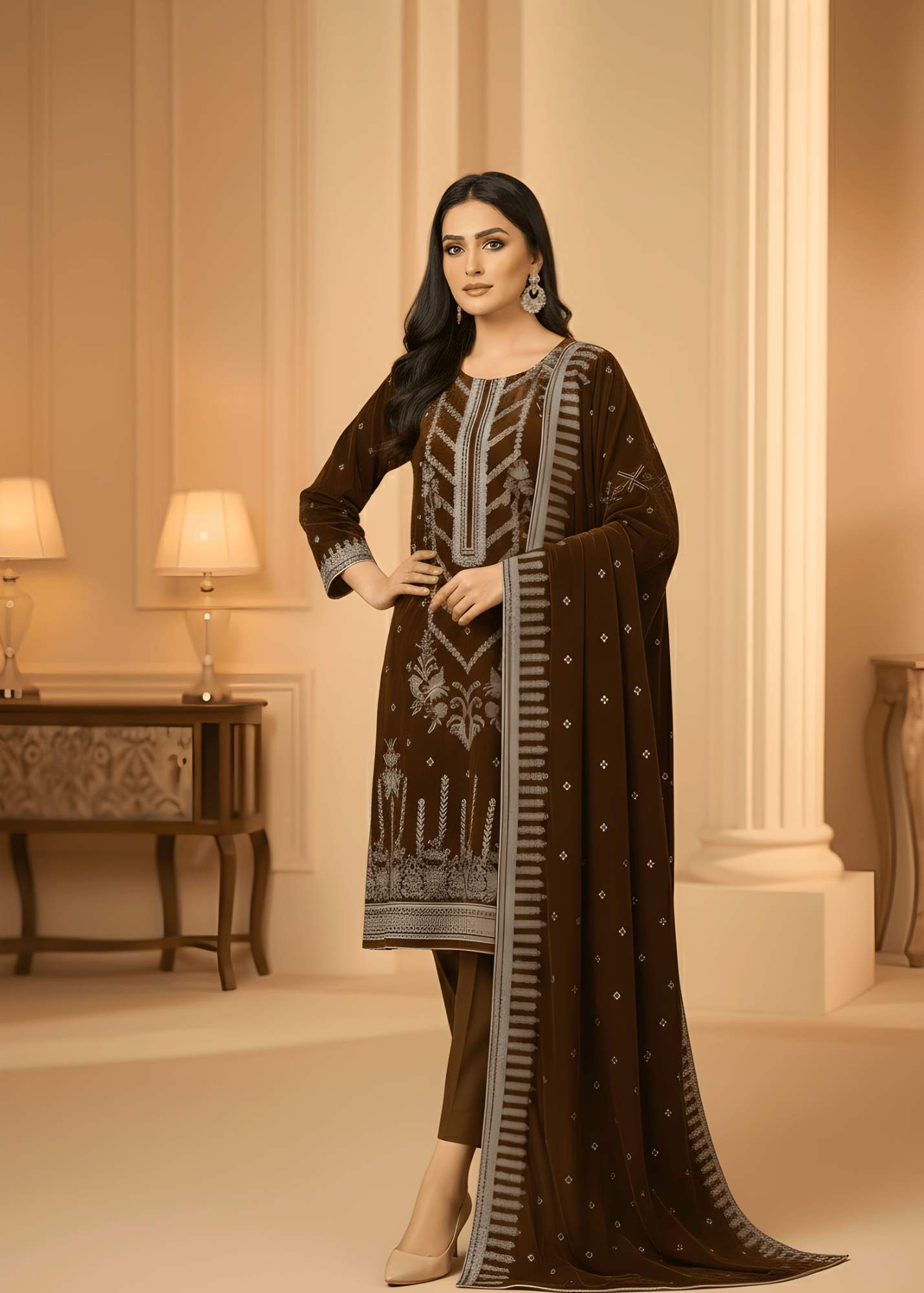 Sutar Chestnut Royale – Velvet Embroidered Set Women 3pcs