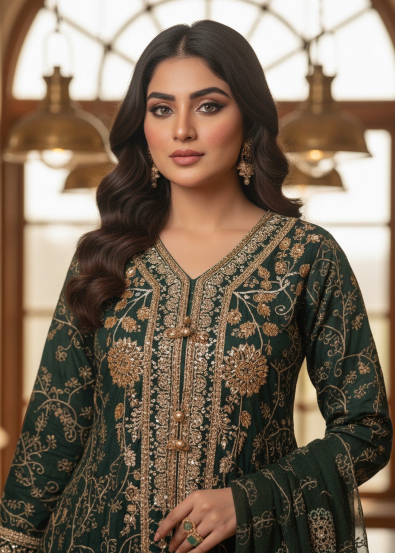 MMG Garments NOOR E CHASHAM| CHIFFON EMBROIDERED BACKTAIL FROCK GREEN MMG 825 Women 3pcs