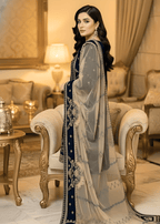 Sutar Royal Navy Embroidered Velvet Ensemble with Net Dupatta & Jamawar Bottoms Women 3pcs