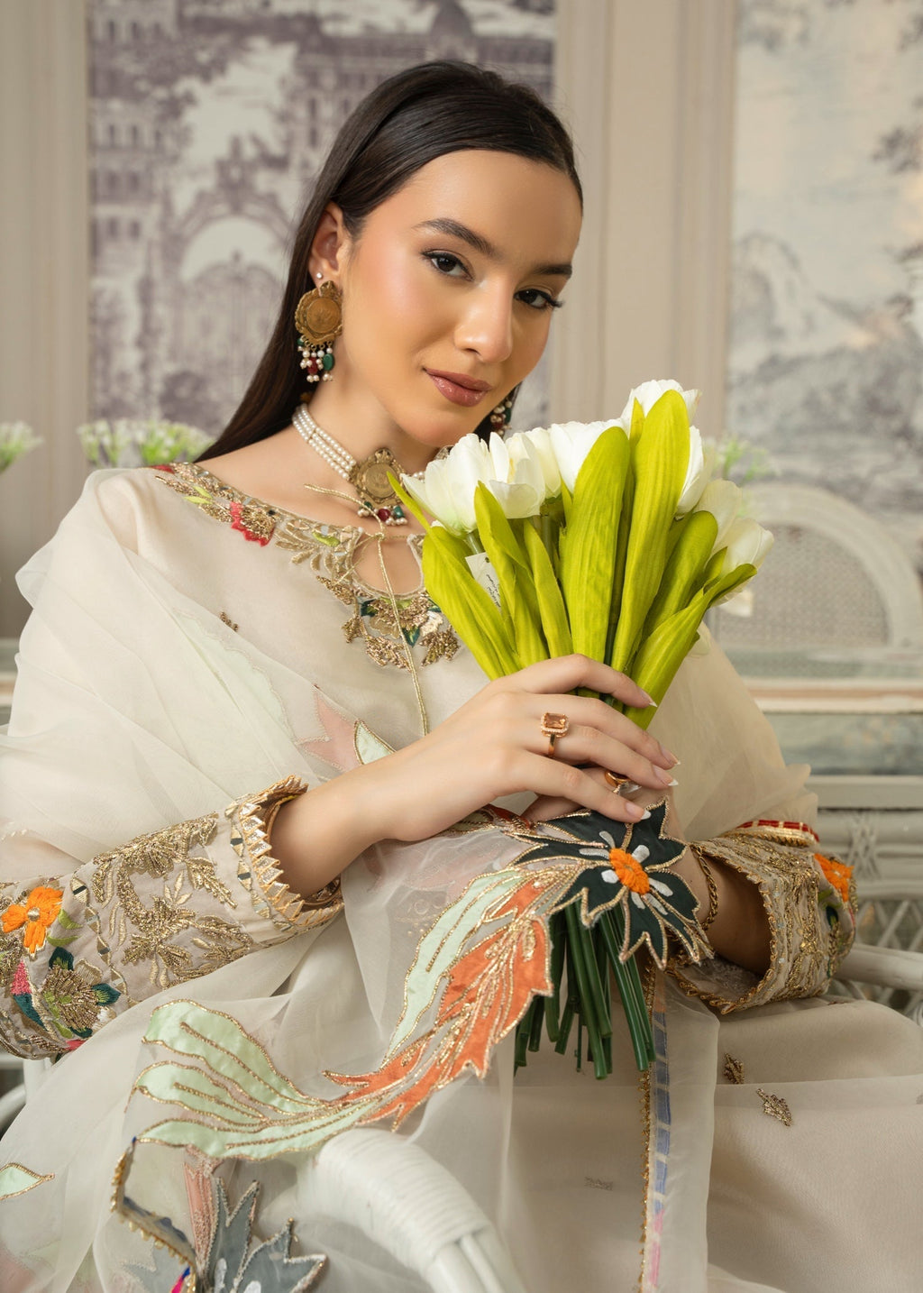 Maira Fashion Beige Embroidered Kurta set Women 4pcs