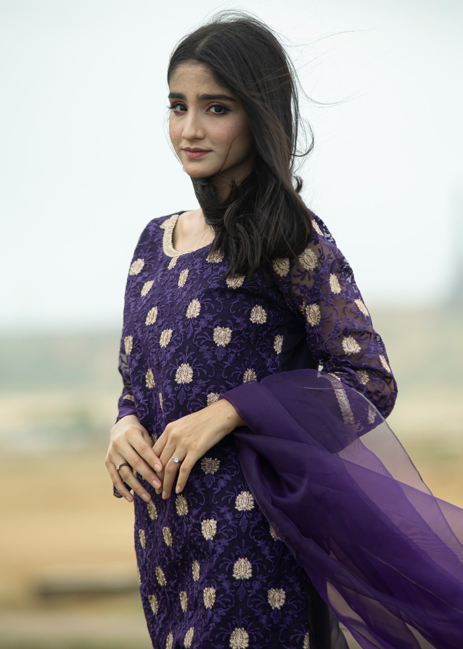 Hayati Collections Organza Suit – Embroidered | Purple Women 3pcs