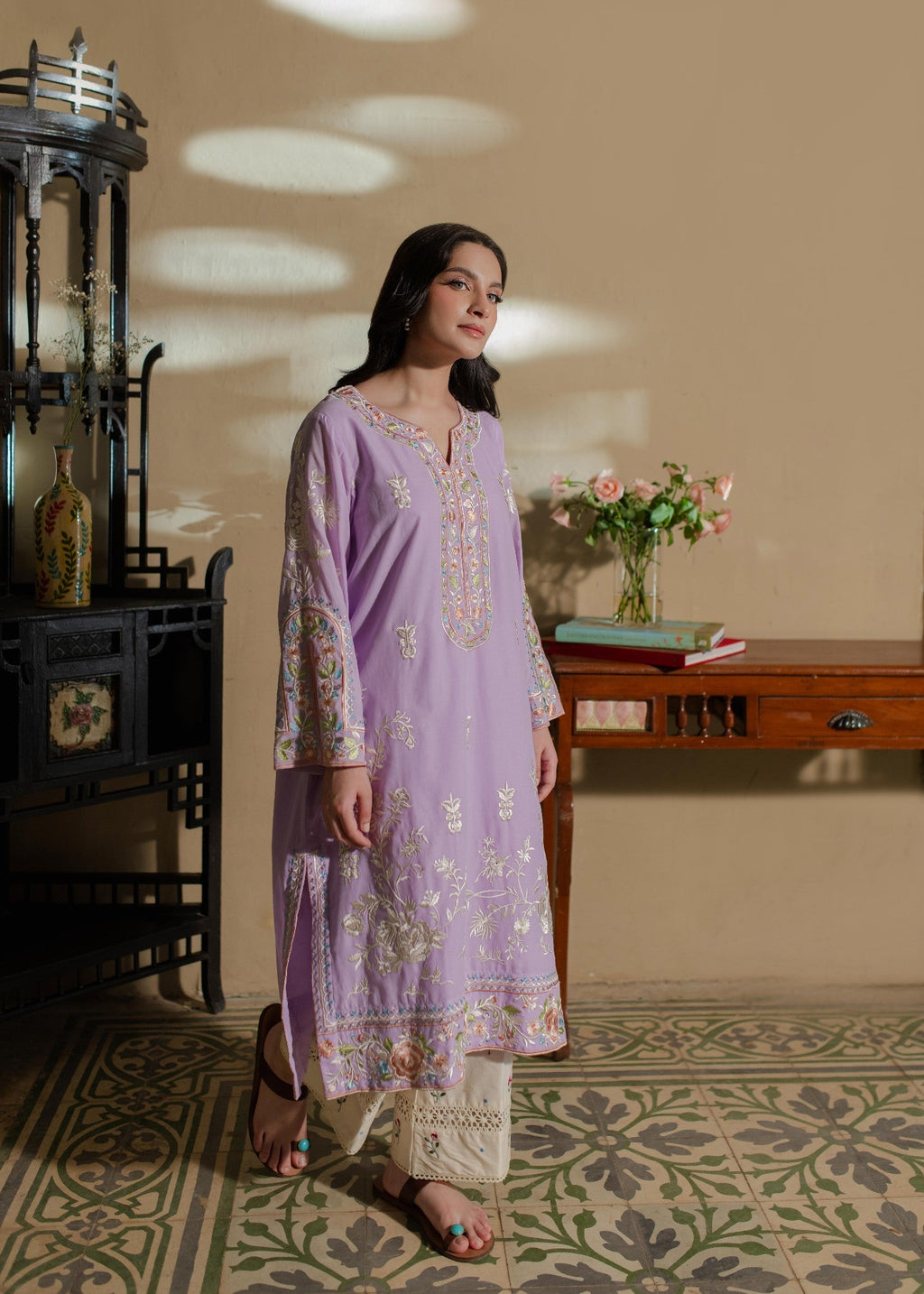 Azulie Lavender Embroidered Kurta by Women 1pcs