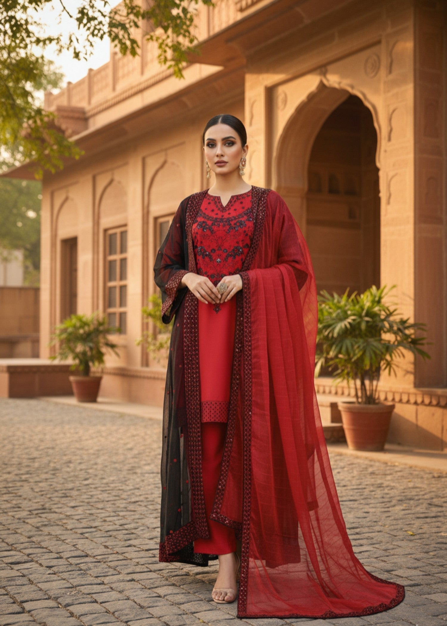MMG Garments NAYELAH| EMBROIDERED GOWN SET RED MMG 1089 Women 4pcs