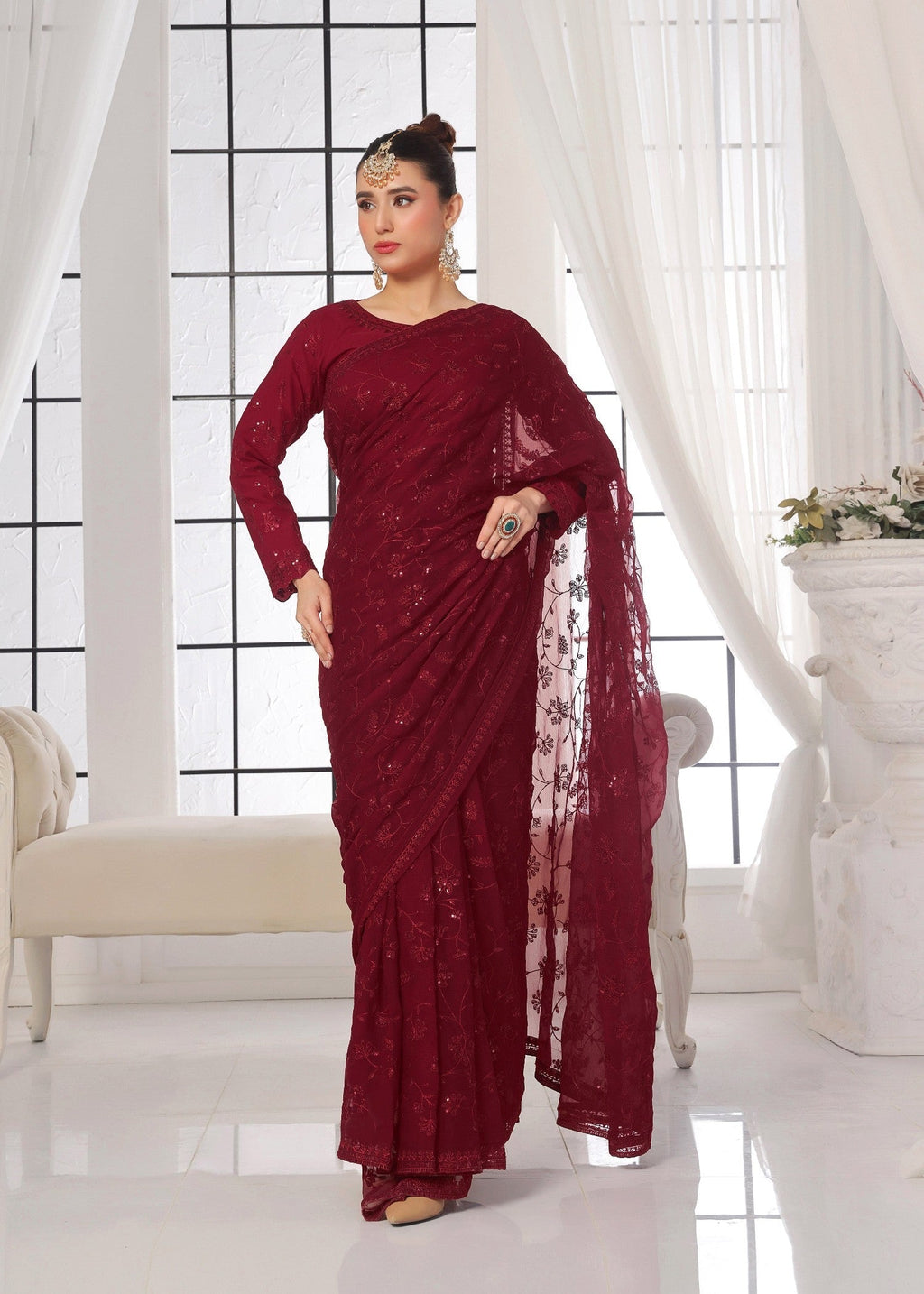 Luxeurs Maroon Chiffon Stitched Saree Women 3pcs