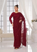 Luxeurs Maroon Chiffon Stitched Saree Women 3pcs
