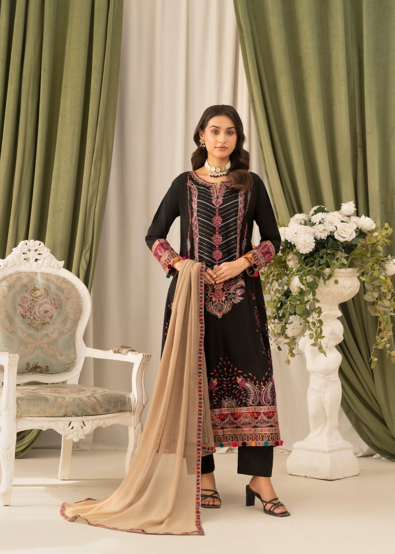 Khubsurat 4090 KH CT Black Embroidery Pishwas Cotton Women 3pcs