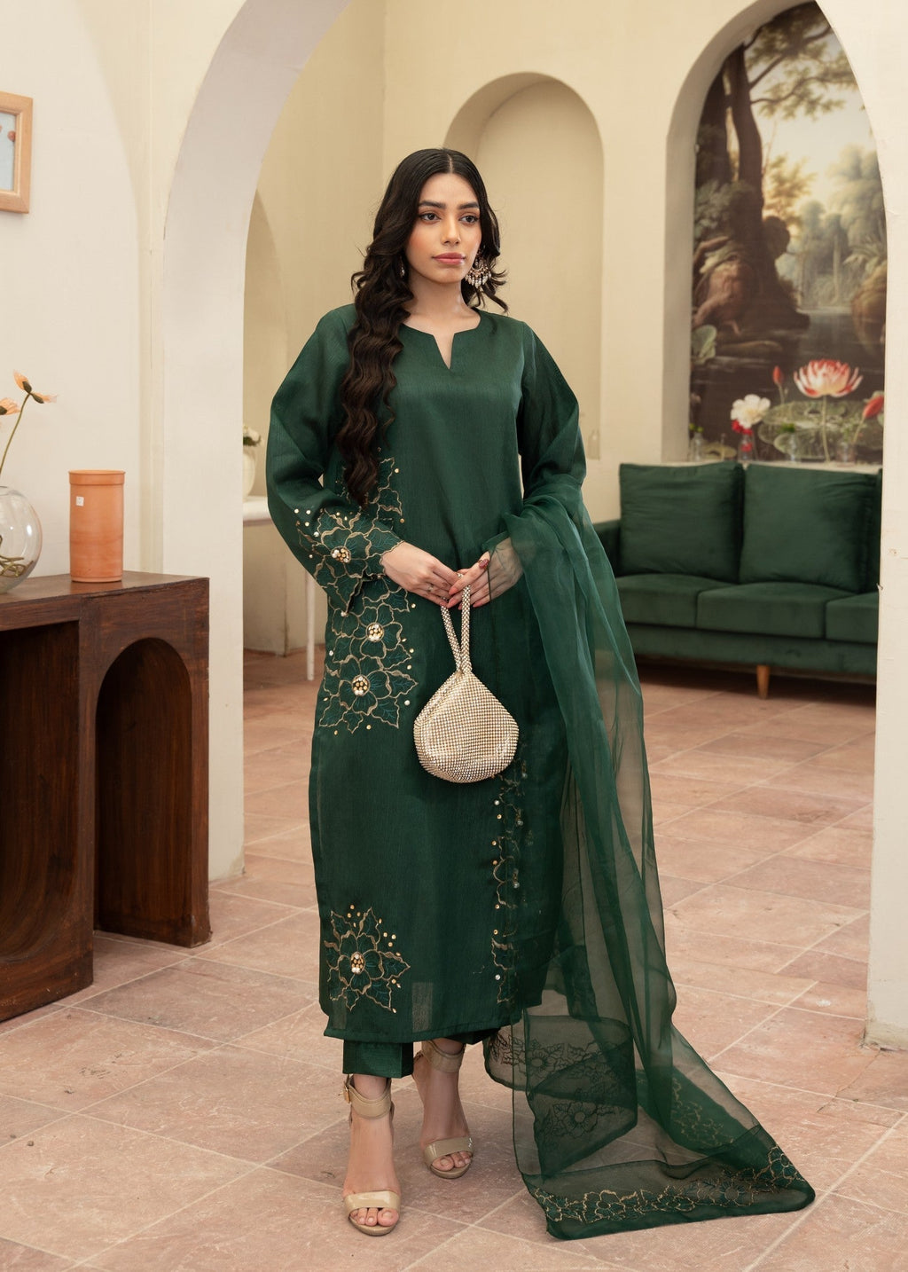 Naaz Couture Hand Embellished Raw Silk Suit Bottle Green Women 3pcs