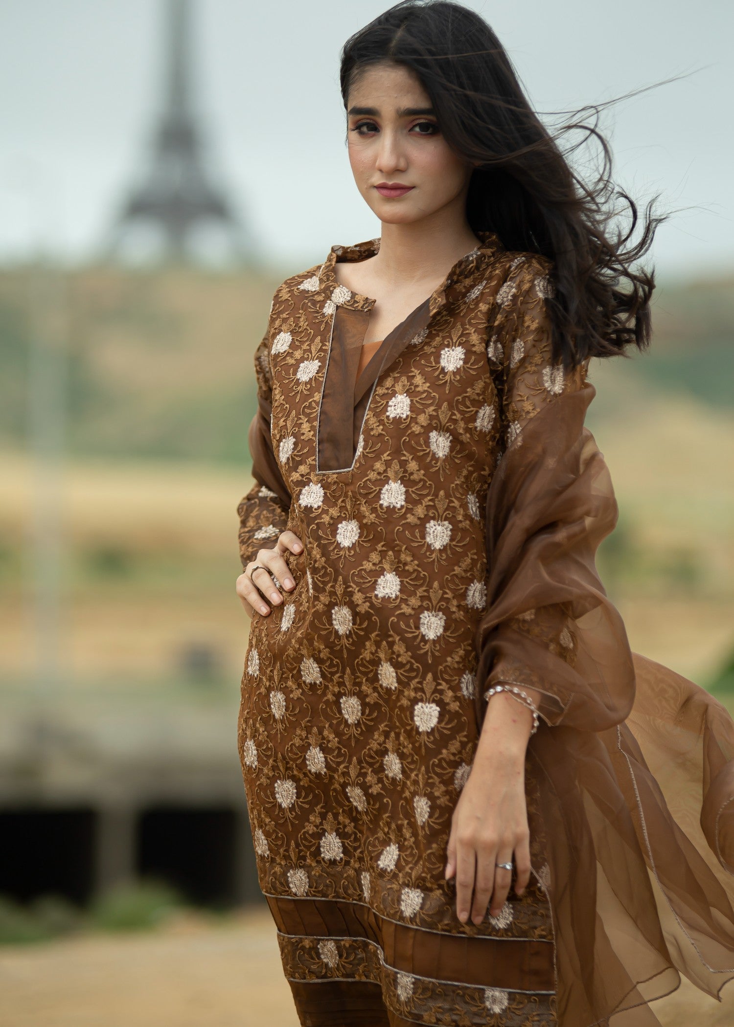 Hayati Collections Organza Suit – Embroidered | Rust Women 3pcs