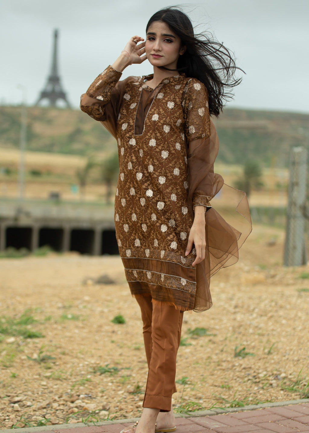 Hayati Collections Organza Suit – Embroidered | Rust Women 3pcs