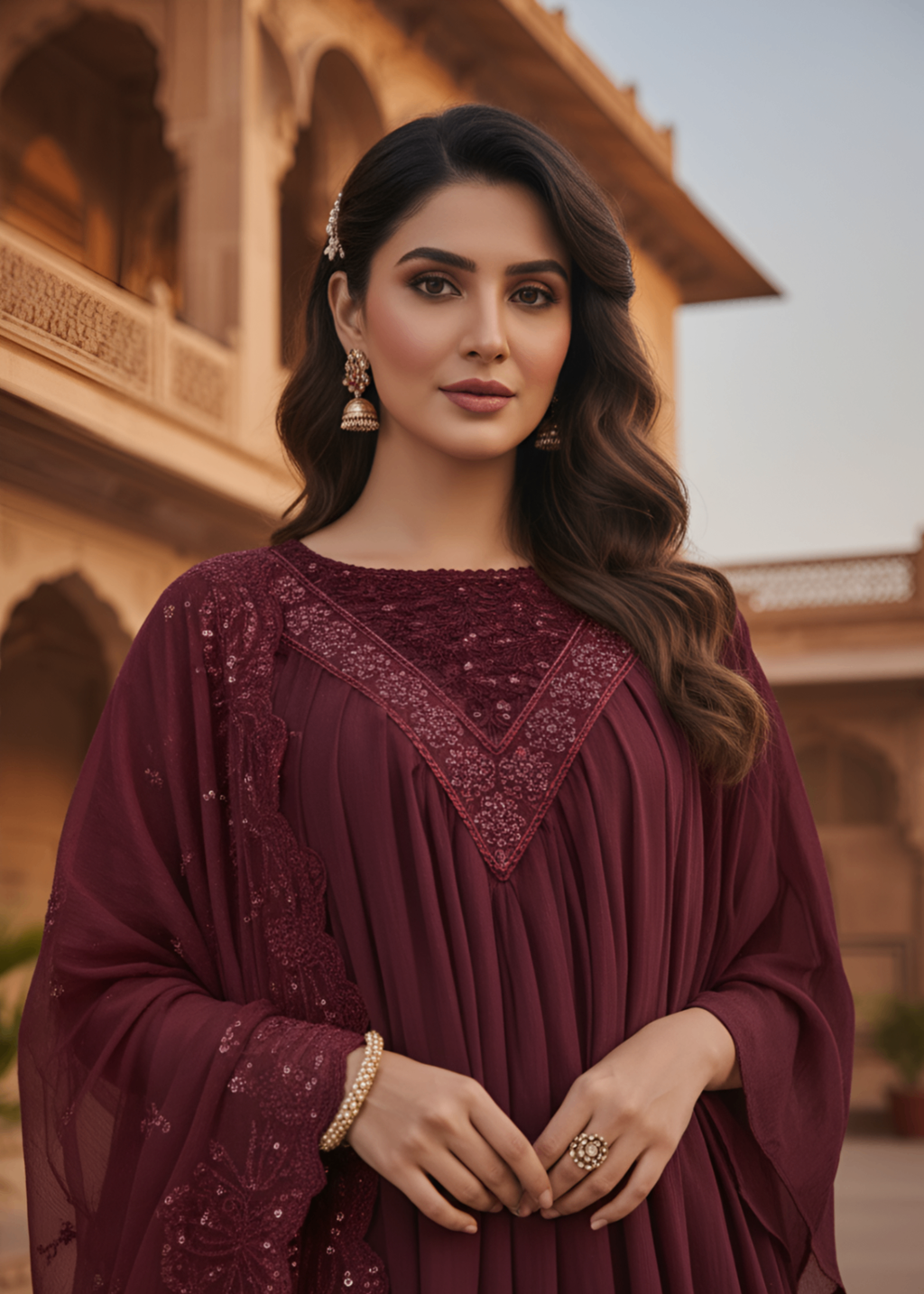 MMG Garments MAHIRA| CHIFFON EMBROIDERED FROCK MAROON MMG 1064 Women 3pcs