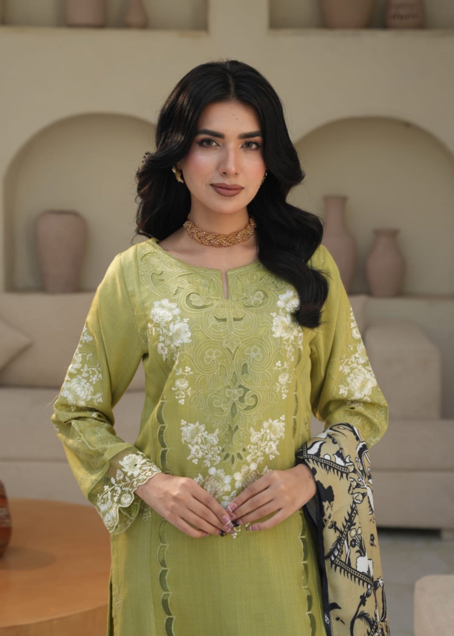 Designer Rack linen embraided olive green Women 3pcs