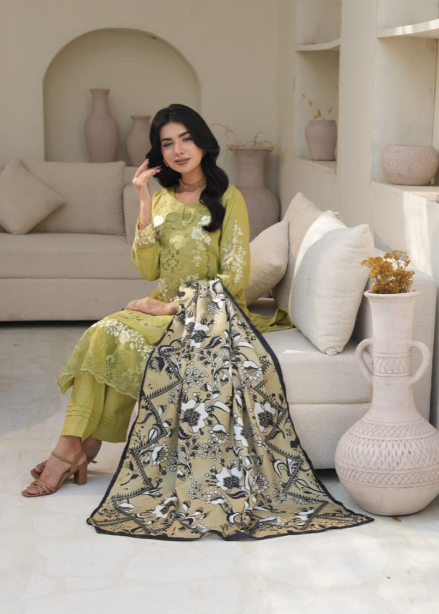 Designer Rack linen embraided olive green Women 3pcs